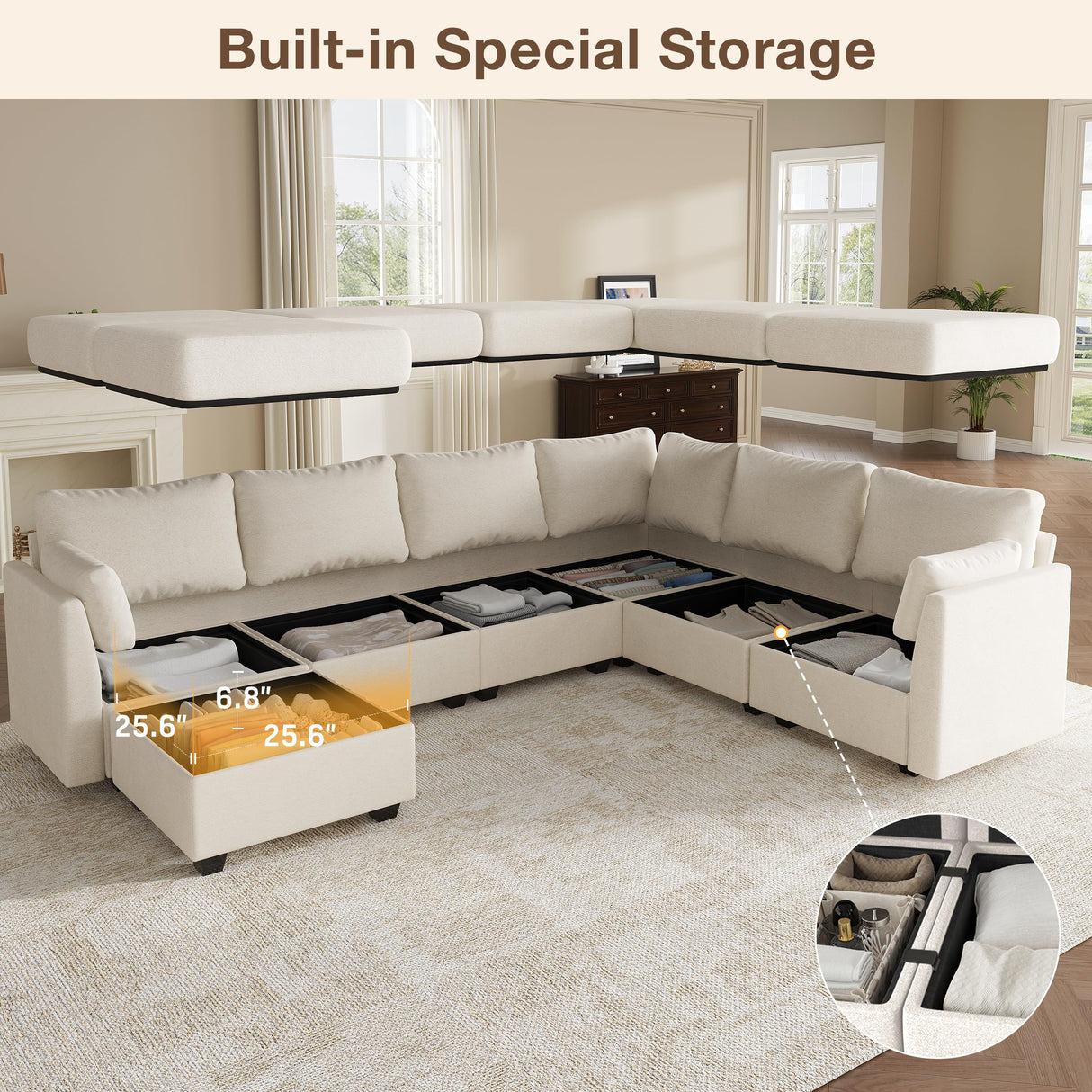 Reedvales Modular Sectional Sofa Couches, Large Convertible Modular Couches with Storage, 7-Seater Sectional Sofa for Living Room, U Shaped Sectional Couch Sleeper Sofa with Chaise (Beige, 7 Seats) Reedvales