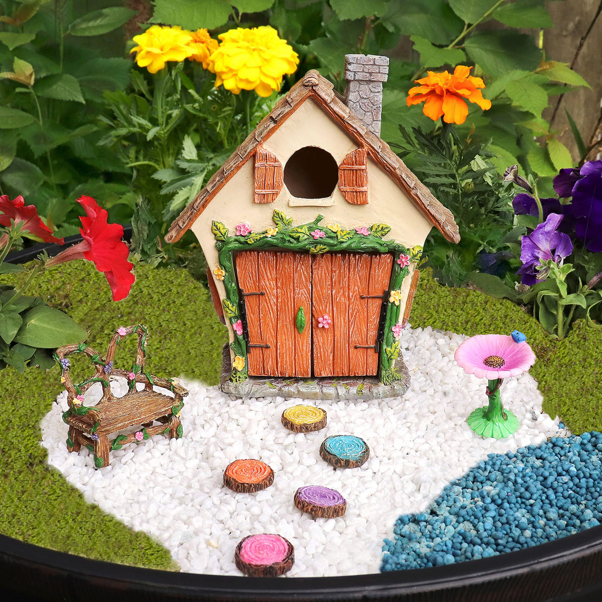 Meadow & Oak Fairy Garden House Kit - Complete with Fairy Garden Accessories, Butterly Seat, Bird Bath, Stepping Stones, Magnetic Door Closure for Indoor/Outdoor Fairy House Meadow & Oak
