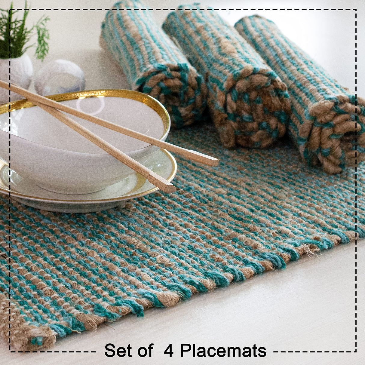 Chardin Home Natural Jute & Aqua Turquoise Placemats, Set of 4 – Rustic Handmade Boho Table Mats, 13x19 in Dining Table Placemats - Kitchen, Everyday Meals, Holidays, Farmhouse or Modern Table Décor Chardin home