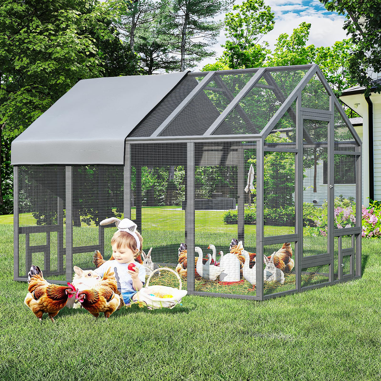 TRYKERPET Chicken Coop Chicken Run,Wooden Large Chicken Coop, Chicken Runs for Yard with Cover, Outdoor Duck Coop, Duck Houses for Outside Farm Backyard TRYKERPET