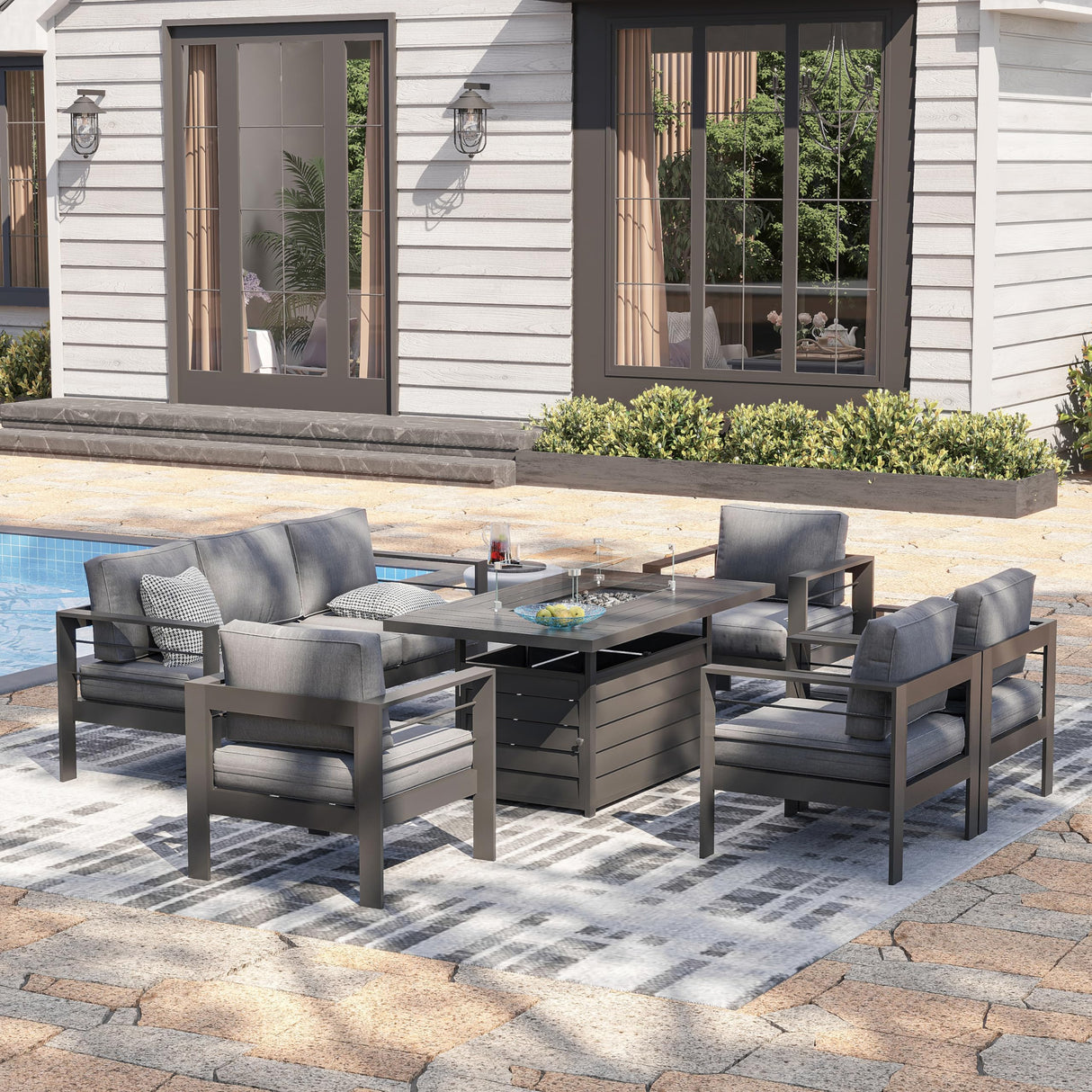 Solaste Aluminum Patio Furniture Set with Fire Pit Table, 7 Seats Metal Outdoor Furniture with Water-Resistant Cushions, Modern Patio Conversation Set for Balcony, Front Porch, and Backyard, Grey Solaste