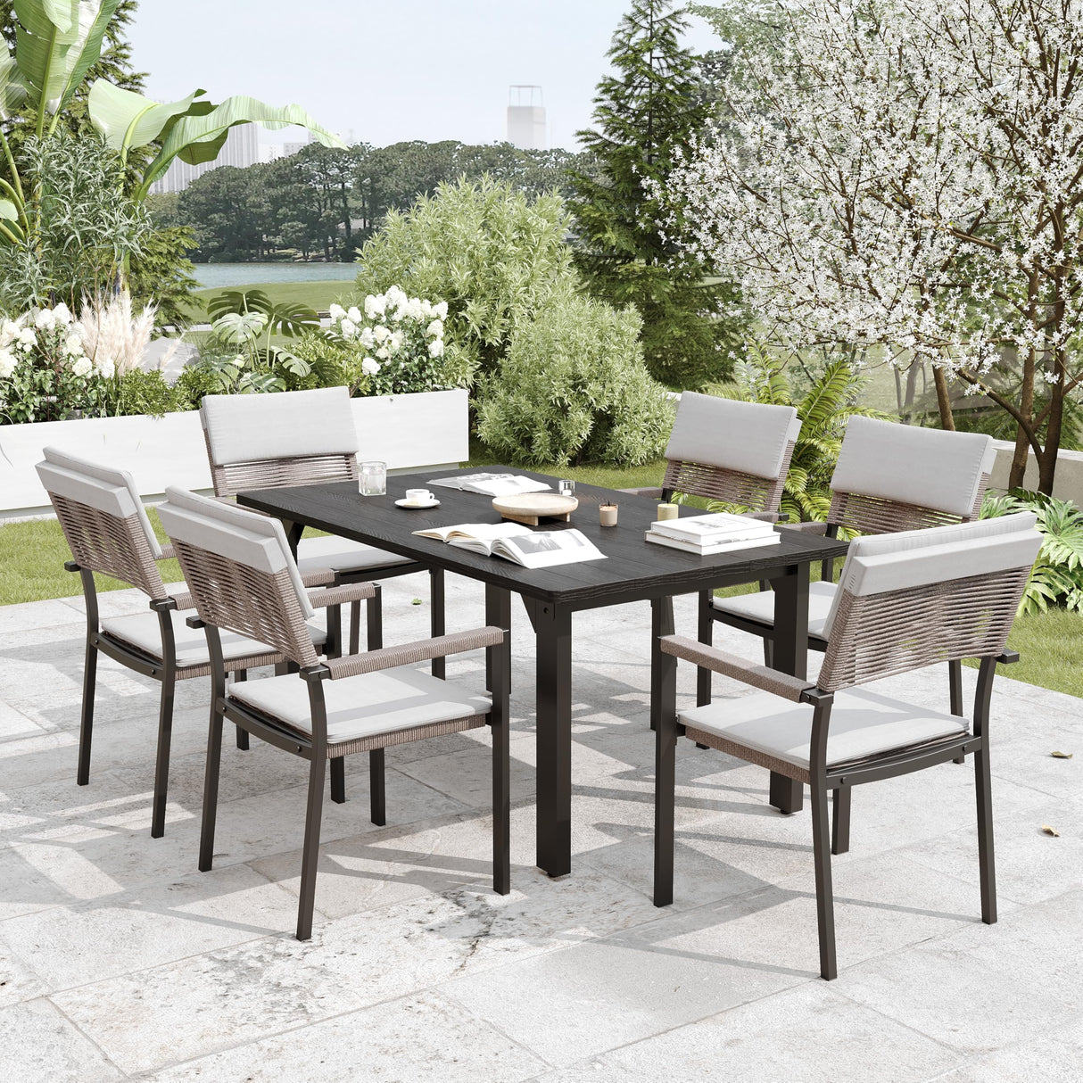 Sundale Outdoor Metal Dining Set for 6, 6-Piece Patio Dining Table and Stackable Rattan Chairs Set with Headrests and Cushions for Backyard, Garden, Deck, Light Gray Sundale Outdoor