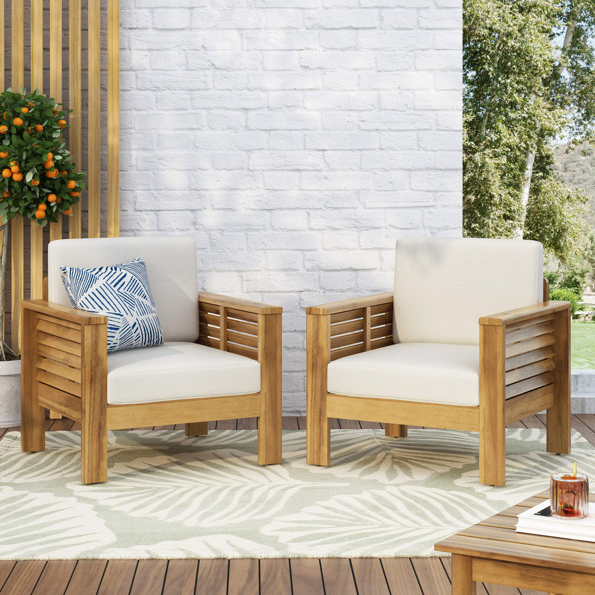 Christopher Knight Home Louver Club Chairs, Teak + Cream Christopher Knight Home
