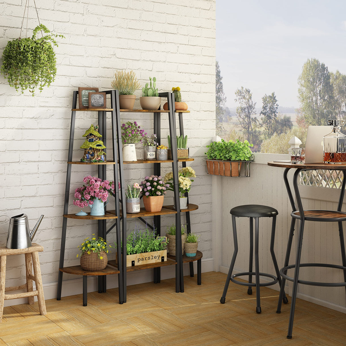 Hoctieon Corner Shelf, 4-Tier Corner Bookshelf, Rustic Corner Ladder Shelf, Industrial Display Shelf for Living Room, Kitchen, Home Office, Balcony, Small Space, Metal Frame, Rustic Brown Hoctieon