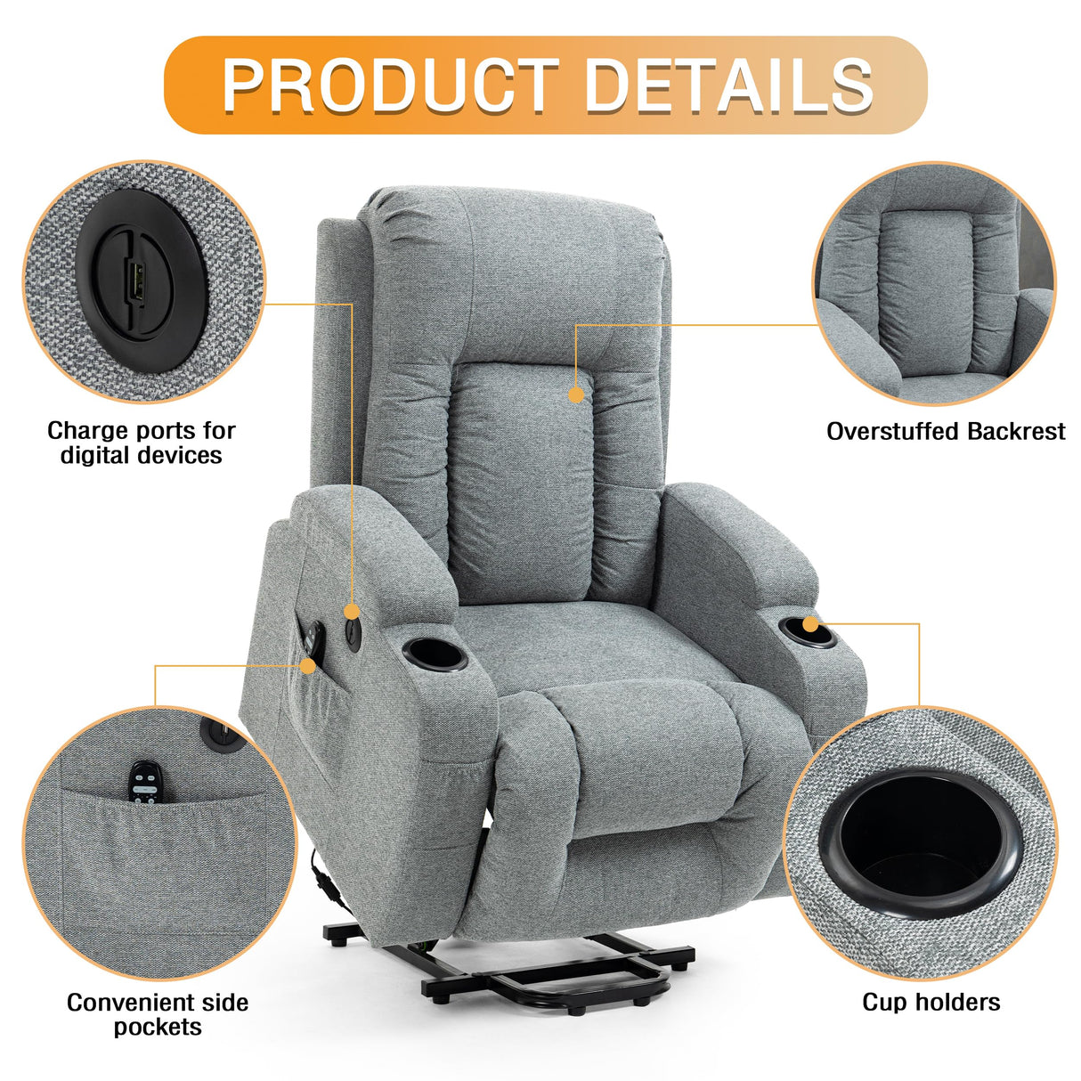 EZZUP Power Lift Recliner Chair for Elderly, Massage Recliner Chair with Heavy Duty Motion Mechanism, Single Motor Lift Chair with Lumbar Heating, Charging Port, Cup Holders - Fabric, Grey EZZUP