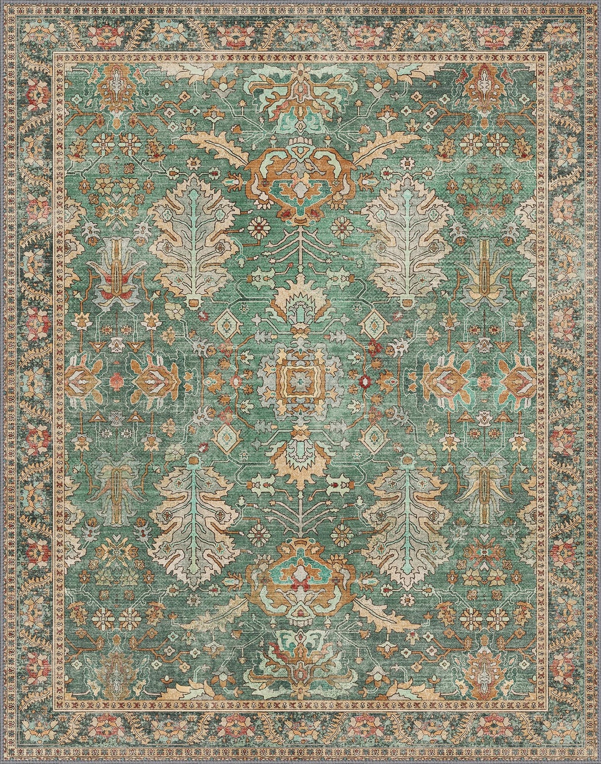 Bavni Washable Area Rugs 8x10 Green Boho Rug Tumble Vintage Large Carpet for Living Room Bedroom Dining Room, Non Slip Thin Low Pile Chenille, Dark Sage/Gold Bavni