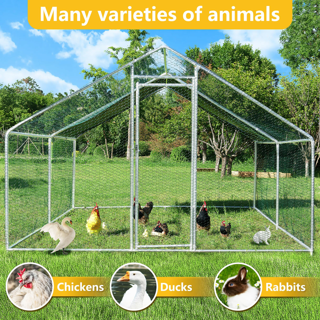 Large Chicken Coop Metal Chicken Runs for Yard with Cover Outdoor Pet Pens Poultry Cage Duck Rabbit House Backyard Use (13'Lx10'Wx6.6'H) HEASON
