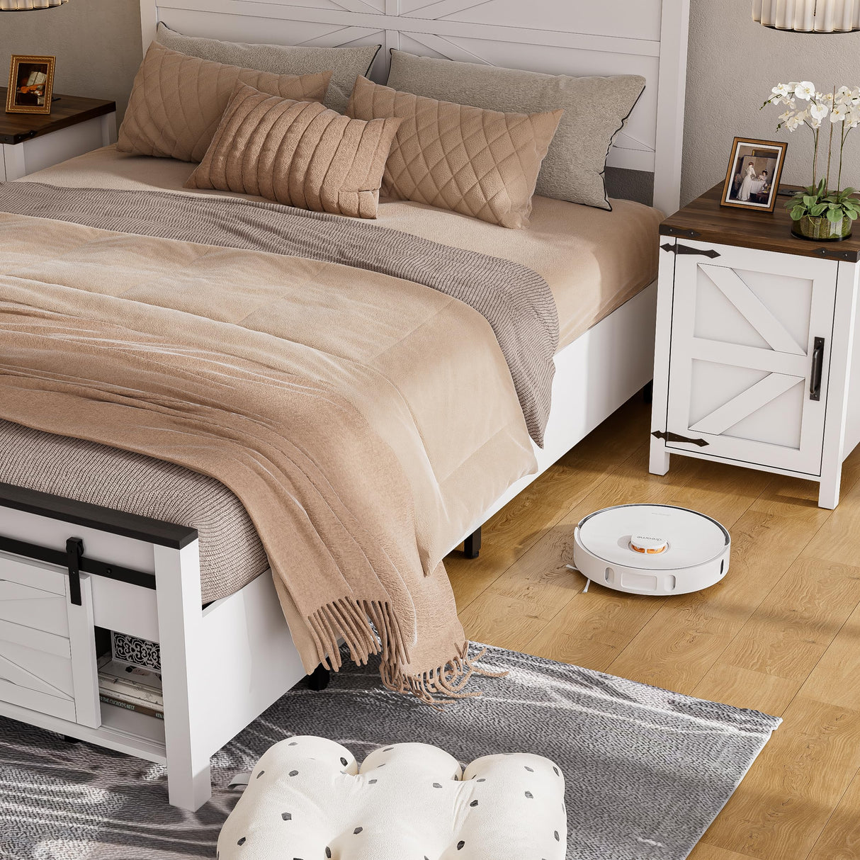 PAKASEPT Queen Size Farmhouse Wood Bed Frame with Sliding Barn Door and Ample Storage PAKASEPT