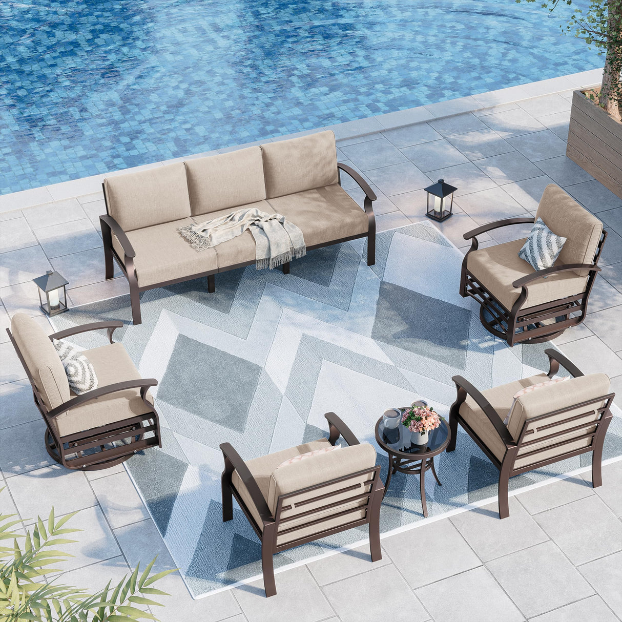 Kurapika Aluminum Patio Furniture Set 7-Seat Modern Metal Outdoor Conversation Sets w/Swivel Rocking Chairs Patio Sectional Sofa w/5.1 Inch Cushion, Sand Kurapika