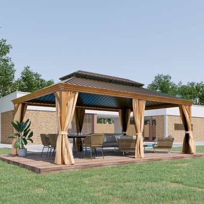 GAZEBEST 14' X 20' Hardtop Gazebo Outdoor Aluminum Patio Gazebo Double Roof Galvanized Steel Gazebo Canopy Wooden Finish Coated with Netting and Curtains,for Garden Patio,Patio Backyard,Deck and Lawns