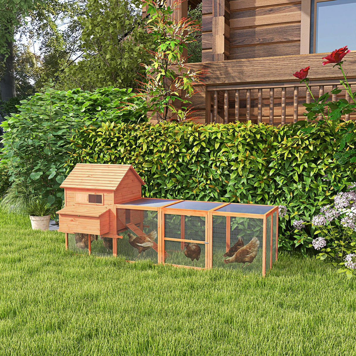 PawHut 145" Chicken Coop Large Chicken House Rabbit Hutch Wooden Poultry Cage Pen Garden & Backyard with Run & Inner Hen House Space PawHut