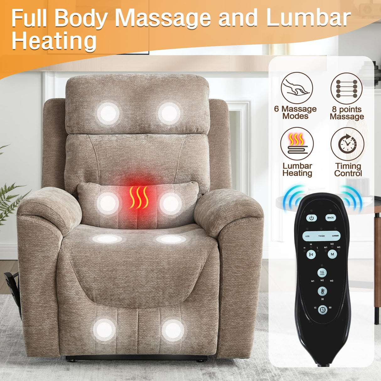 Trustyue Dual Motor Power Lift Recliner Chair with Lay Flat, Full-Body Vibration & Lumbar Heating - Lift Assist Chair for Elderly, Electric Recliner with Massage and Heat, Easy Assembly Khaki Trustyue