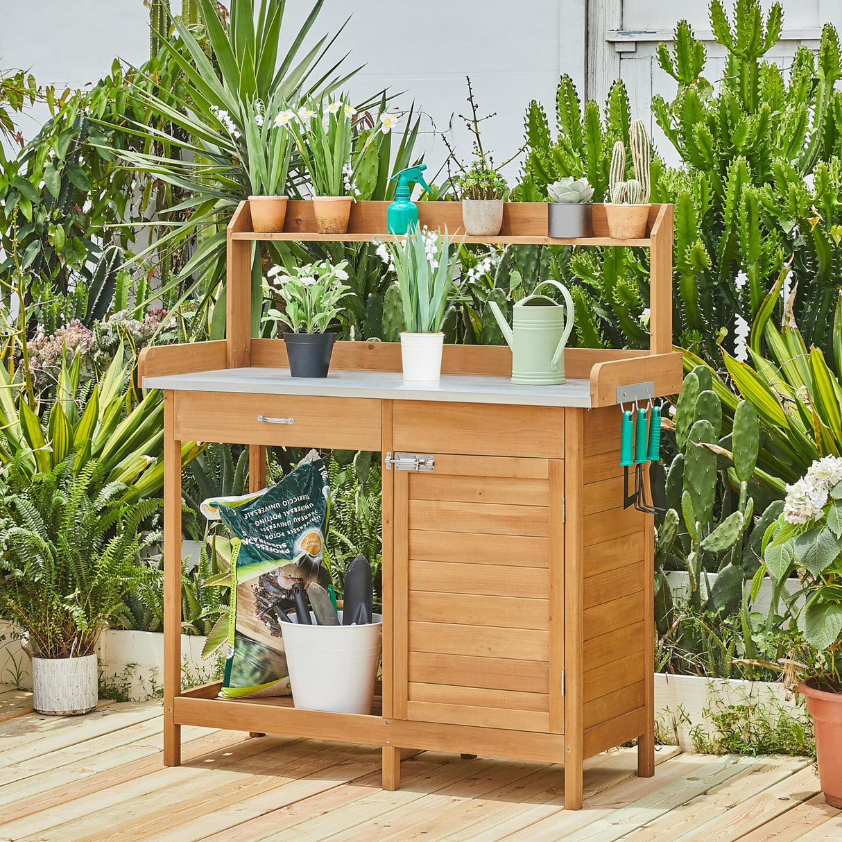 Topeakmart Outdoor Potting Bench Table Work Station Garden Planting with Cabinet & Drawer & Top Shelf & Lower Shelf Natural Wood Topeakmart