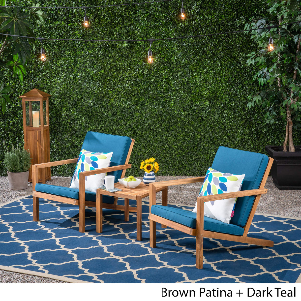 Christopher Knight Home Nick Outdoor 3 Piece Acacia Wood Chat Set, Brown Patina and Dark Teal Christopher Knight Home