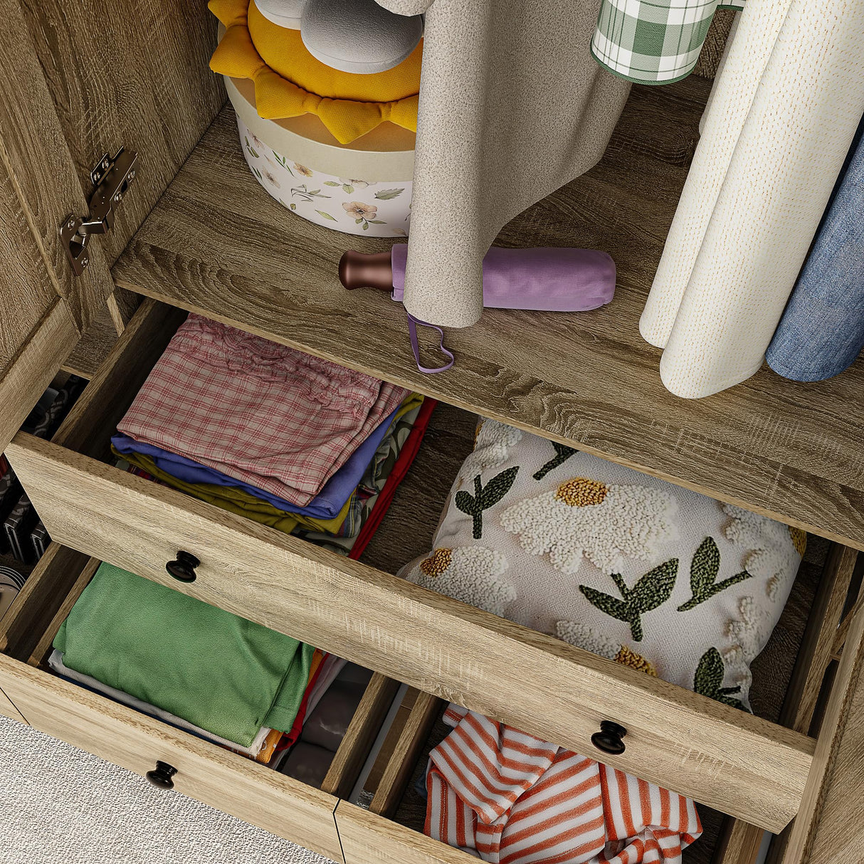 Homsee 4 Door Wardrobe Armoire Closet, Bedroom Cabinet Armoire with Rattan Doors, 5 Drawers, 2 Hanging Bars & Shelves, Light Brown Homsee