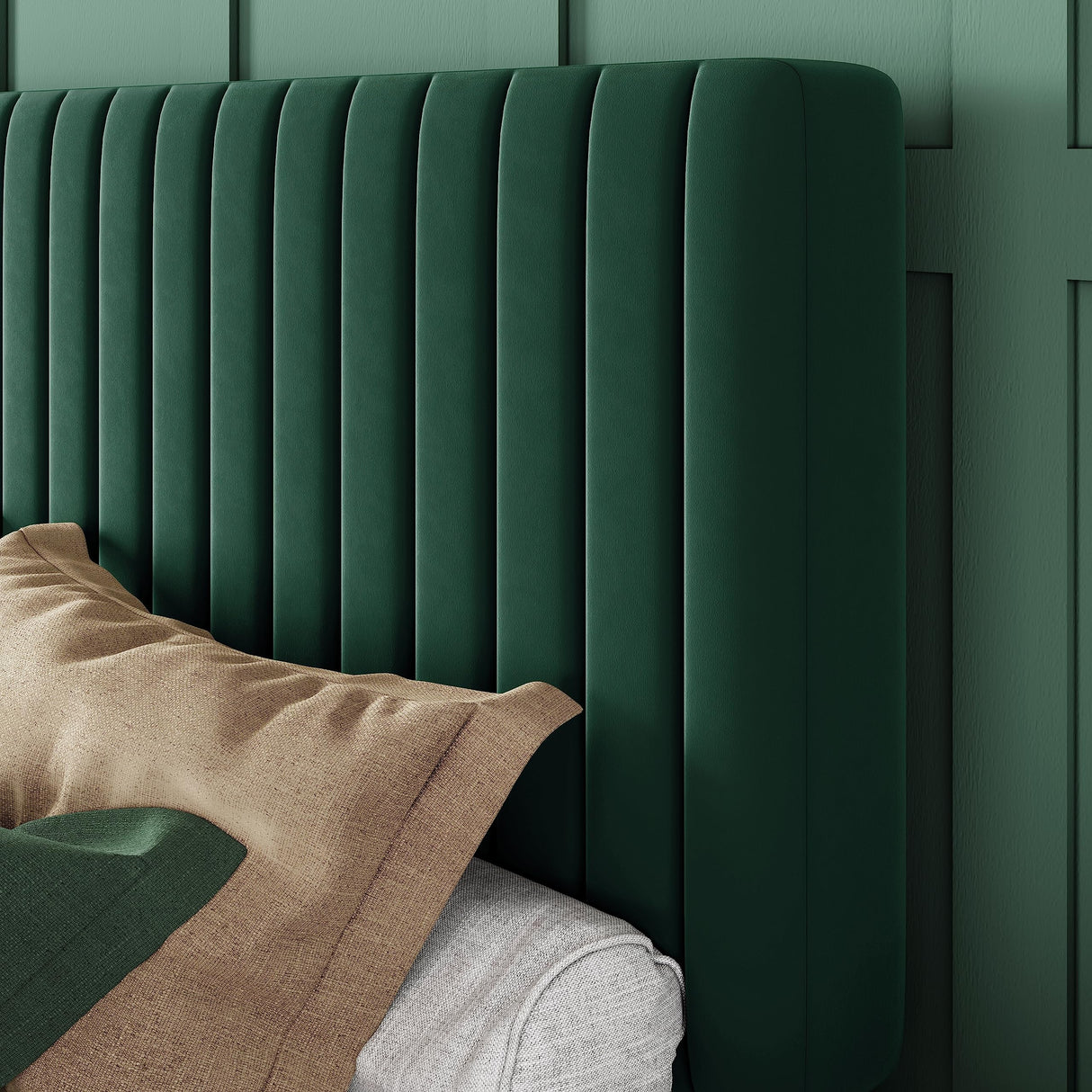 Allewie Full Bed Frame, Velvet Upholstered Platform Bed with Adjustable Vertical Channel Tufted Headboard, Mattress Foundation with Strong Wooden Slats, Box Spring Optional, Easy Assembly, Green Allewie