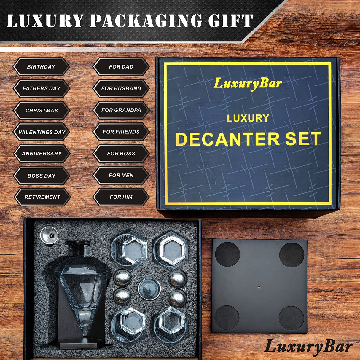 LuxuryBar Diamond Whiskey Decanter Sets for Men with ChillBall &Tray,Whiskey Decanter Set Liquor Dispenser Bourbon Decanter Whiskey Set Gifts for Men LuxuryBar