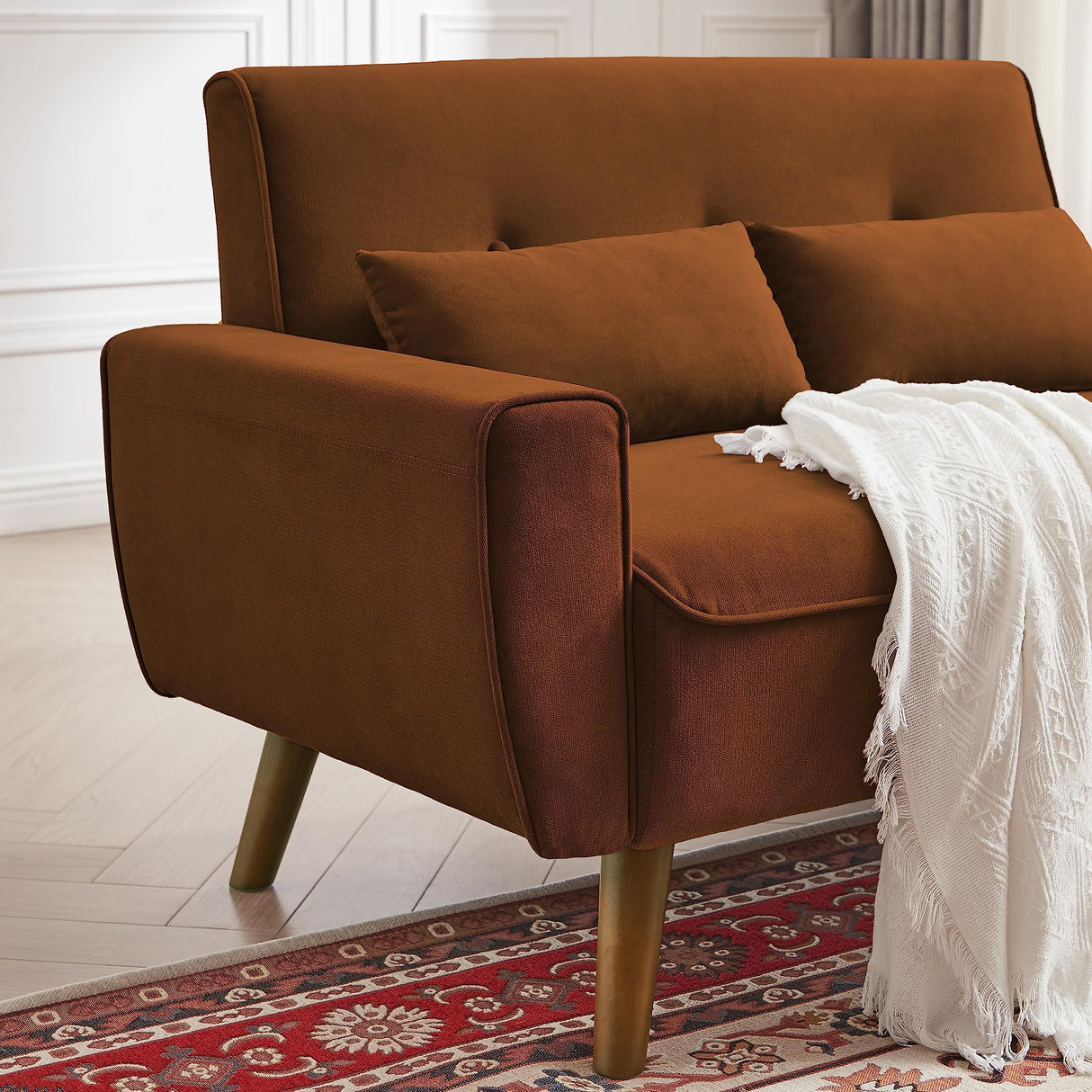 Jarenie 48" Loveseat Sofa, 2 Seater Love Seat Mid Century Modern Small Couches for Living Room Bedroom Apartment, 2 Throw Pillows and Wooden Legs, Orange Jarenie