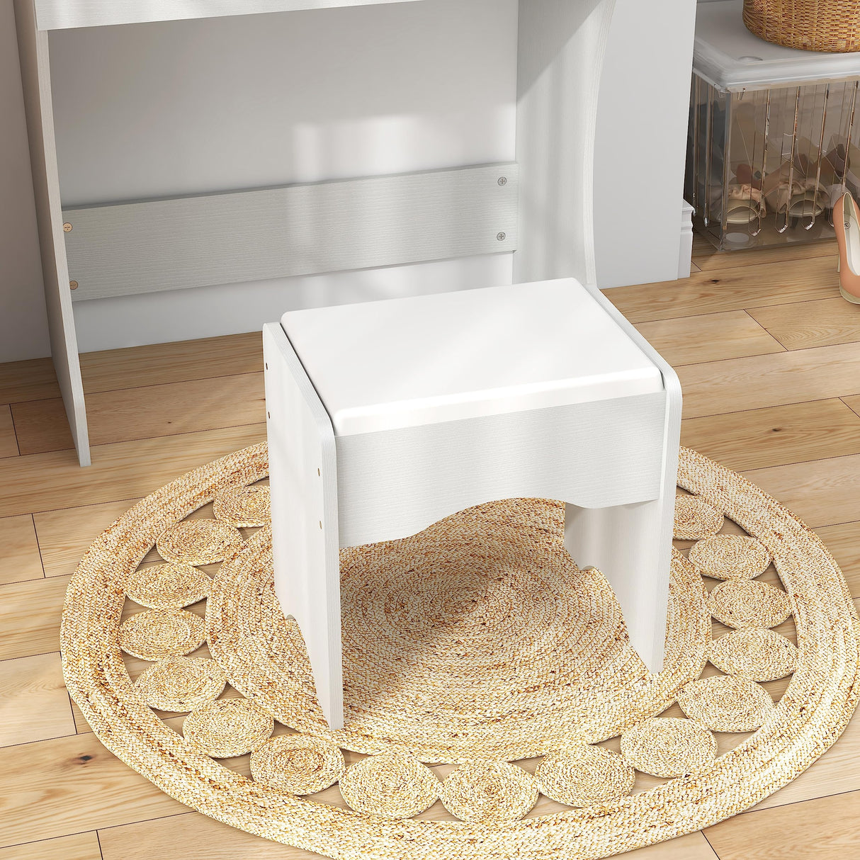 Vanity Desk with Mirror and Adjustable Lights, One Drawer Storage Makeup Table with Stool - Vanity Set for Bedroom (White) Panana