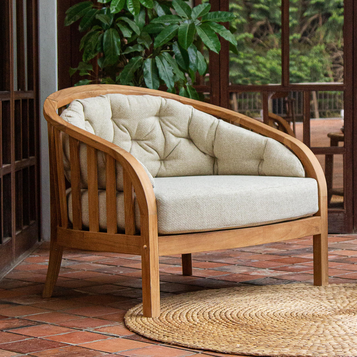 Cambridge Casual Barnese Wood Oversized Patio Lounge Chair, Natural Teak/Tan Cushion Cambridge Casual