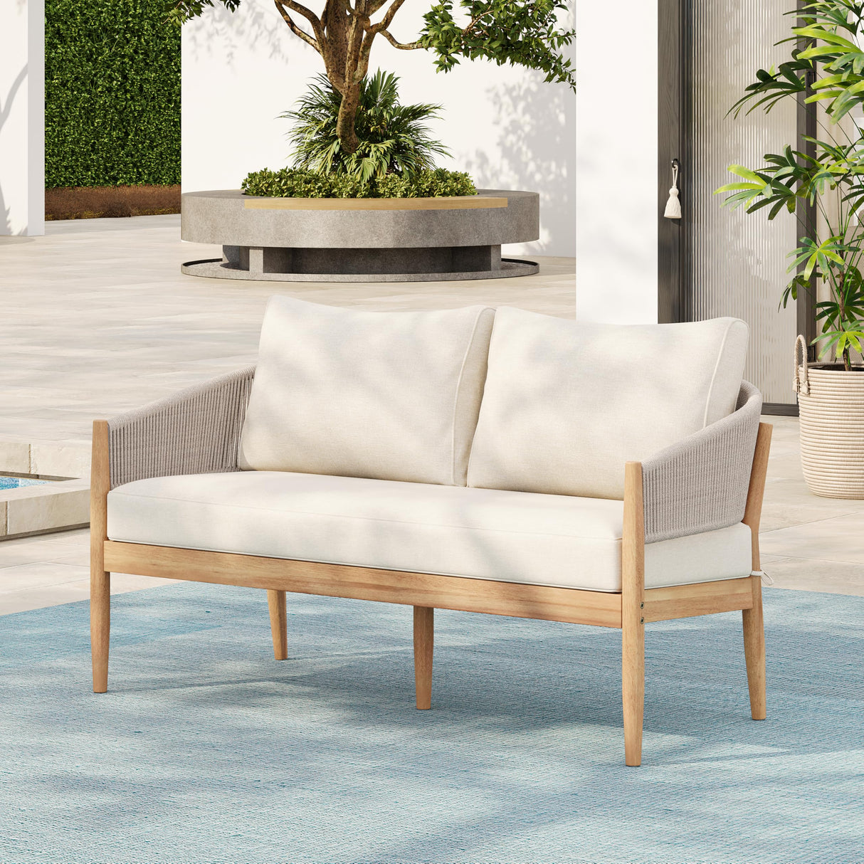 Christopher Knight Home Katarina Patio Acacia Wood Loveseat Furniture, Outdoor Loveseat Sofa with Comfy Fabric Cushions, 2-Seater Sofa with Handwoven Rope Backrest for Garden, Light Brown+Beige Christopher Knight Home