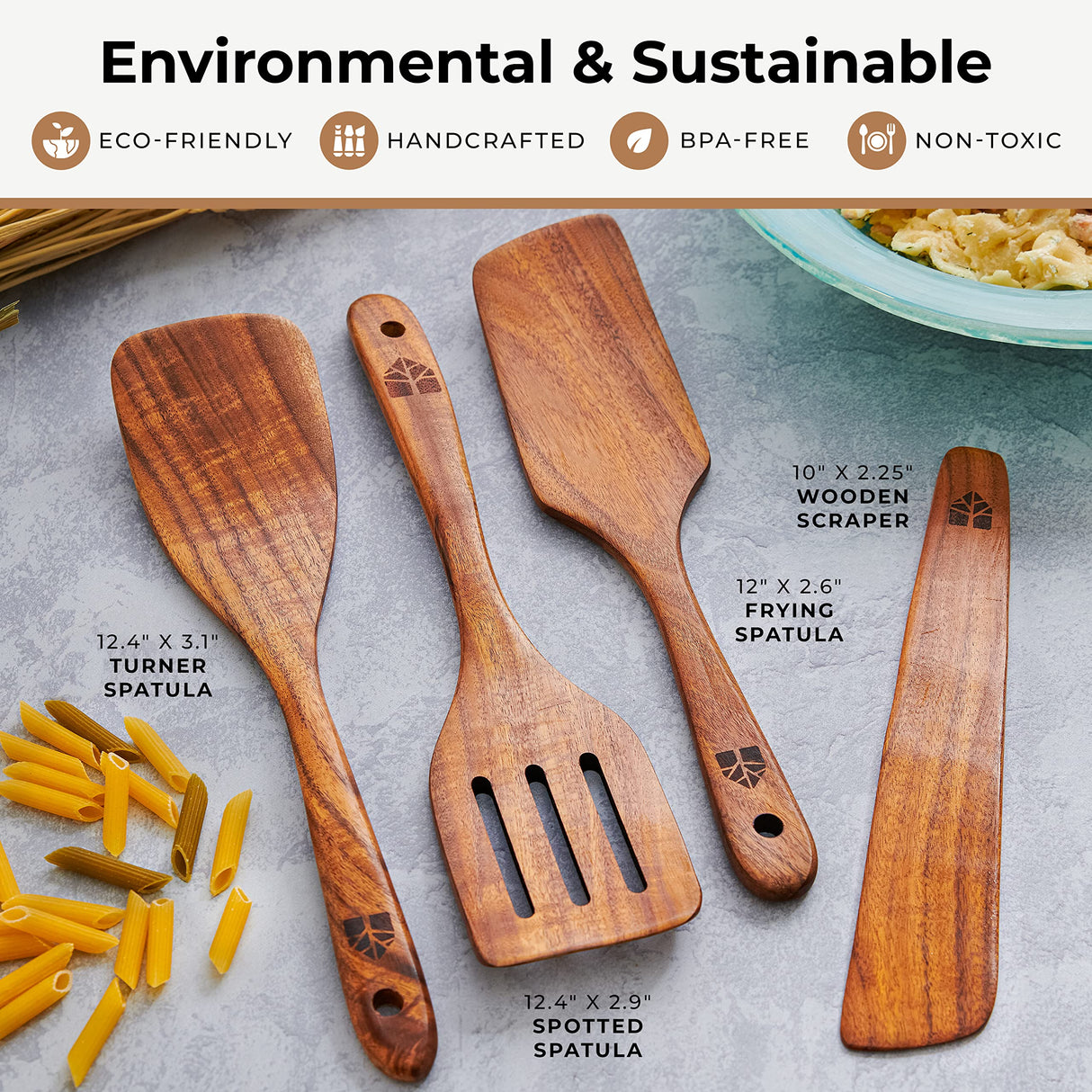 Wooden Spatula for Cooking, Kitchen Set of 4, Natural Teak Wooden Utensils including Paddle, Turner Spatula, Slotted Spatula and Wood Scraper. Nonstick cookware. WOODENHOUSE LIFELONG QUALITY
