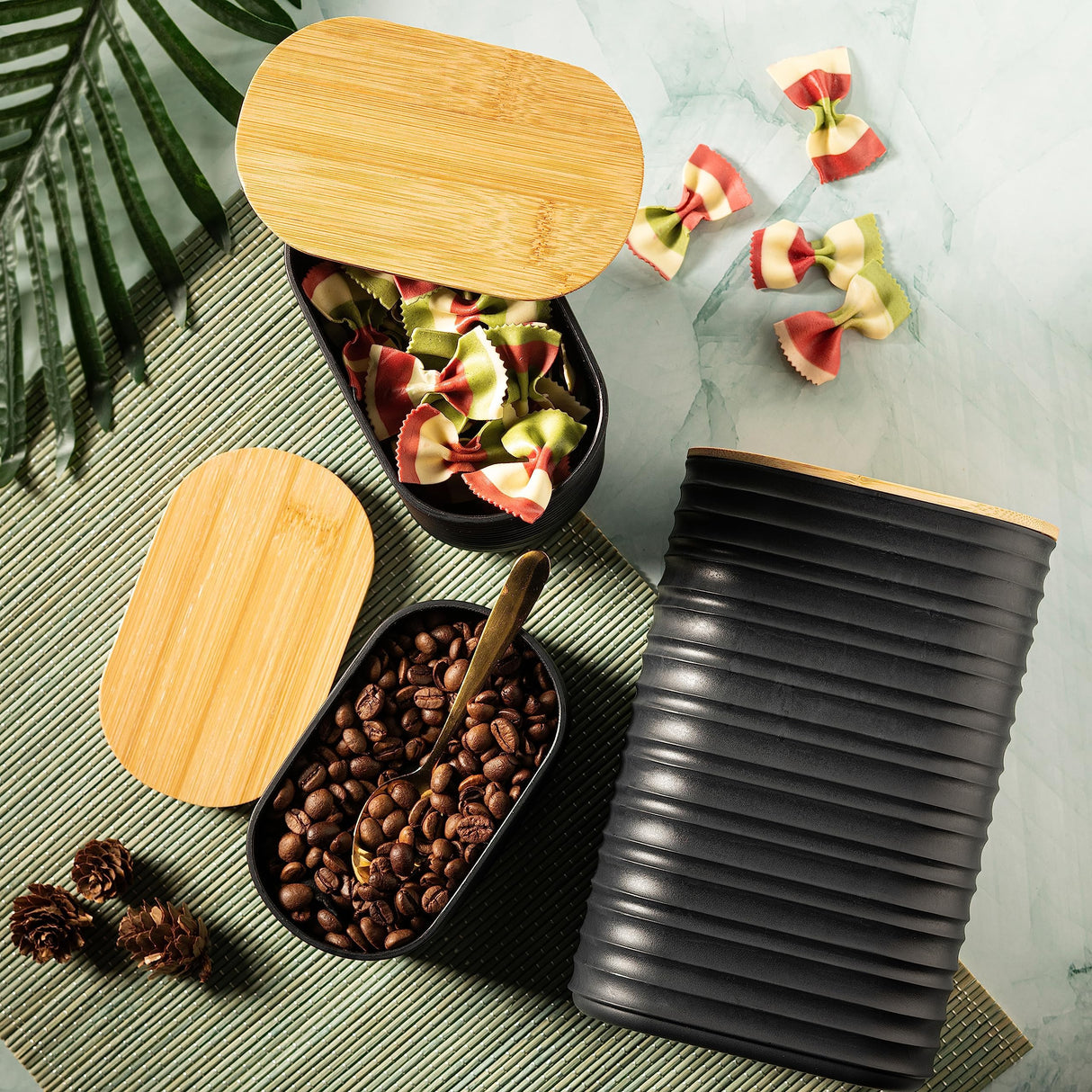 Mixpresso 3 Piece Black Canisters Sets For The Kitchen, Airtight Plastic Canister With Bamboo Lid, Coffee And Sugar Canister Set, Decorative Sugar Container, Kitchen Decor For Counter Mixpresso