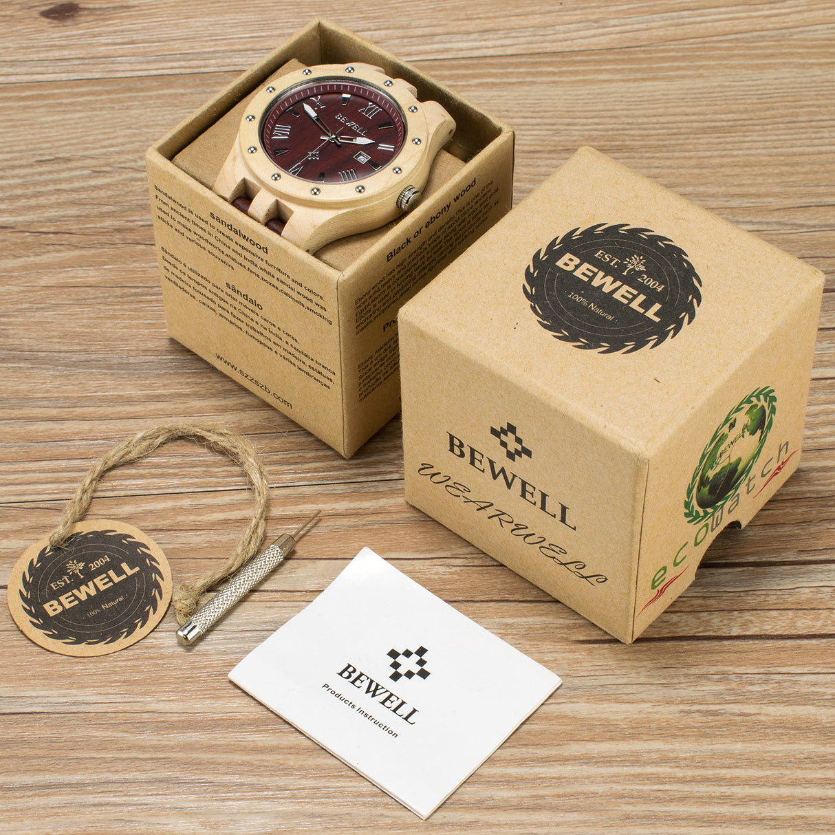 BEWELL W109A Natural Wood Watches for Men Quartz Date Lumious Pointers (Maple and Red Sandalwood) BEWELL