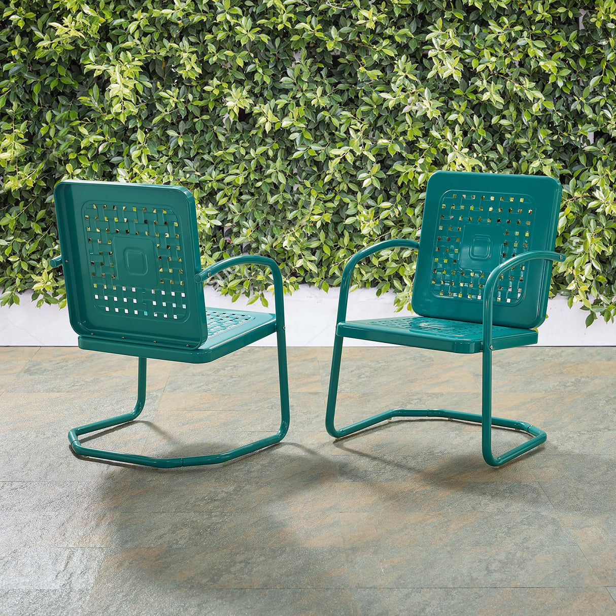 Crosley Furniture Bates 2-Piece Outdoor Chair Set, Retro Metal Patio Chairs for Dining, Porch, Deck, Balcony, Turquoise Gloss Crosley Furniture