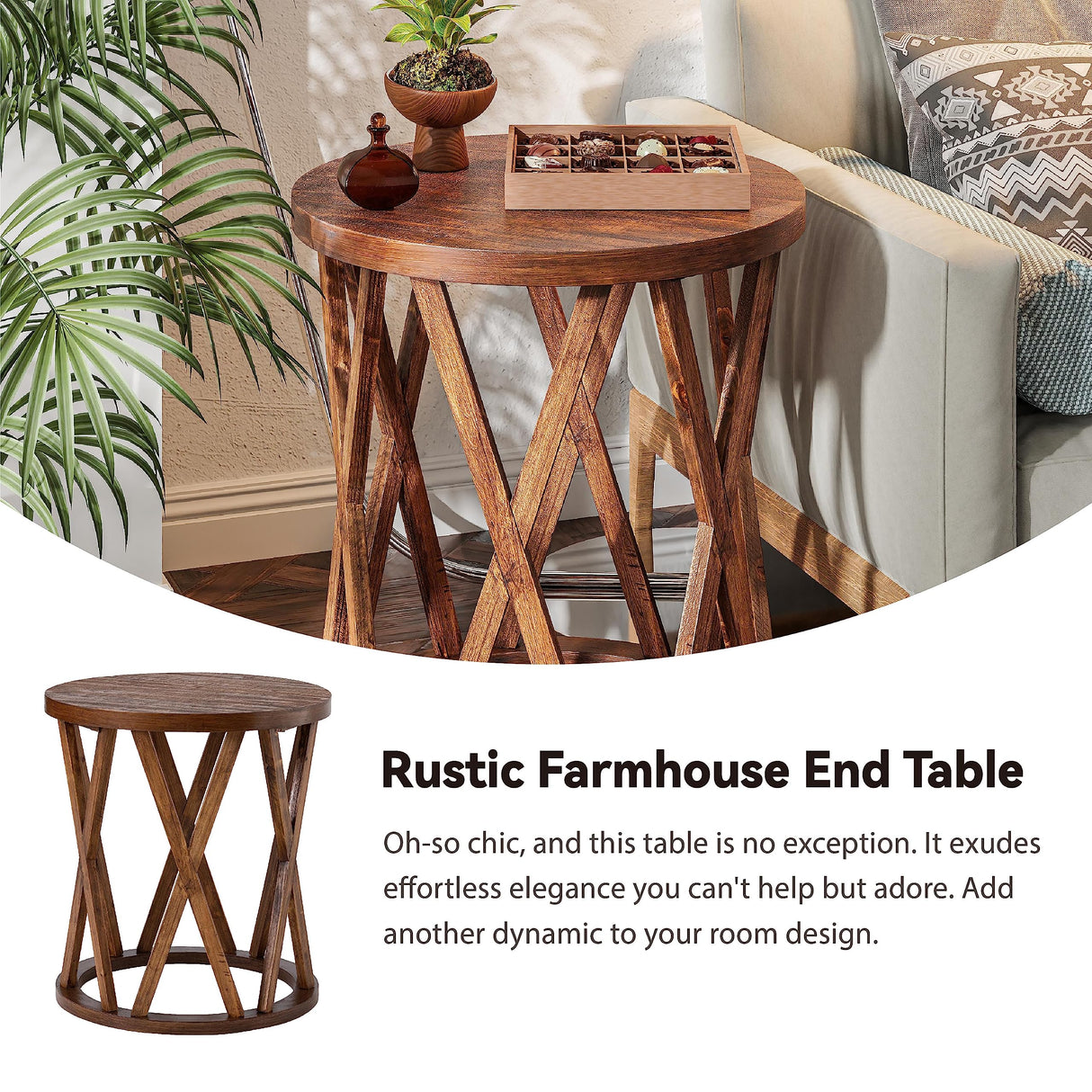 COZAYH Farmhouse End Table, Rustic Round Side Table with X-Motifs Legs, Wood Textured Top, for Boho, French Country Decor, Brown COZAYH