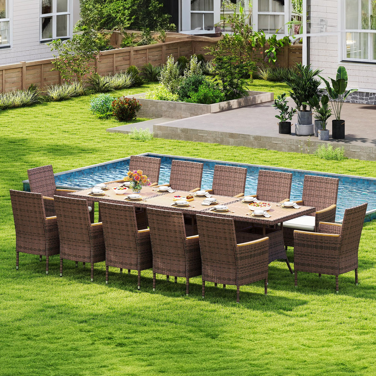 Wisteria Lane Patio Dining Sets for 12, All Weather Rattan Outdoor Table and Chairs with Acacia Wood Tabletop, Patio Dining Furniture with Removable Cushions for Deck Garden, Backyard, Brown Wisteria Lane