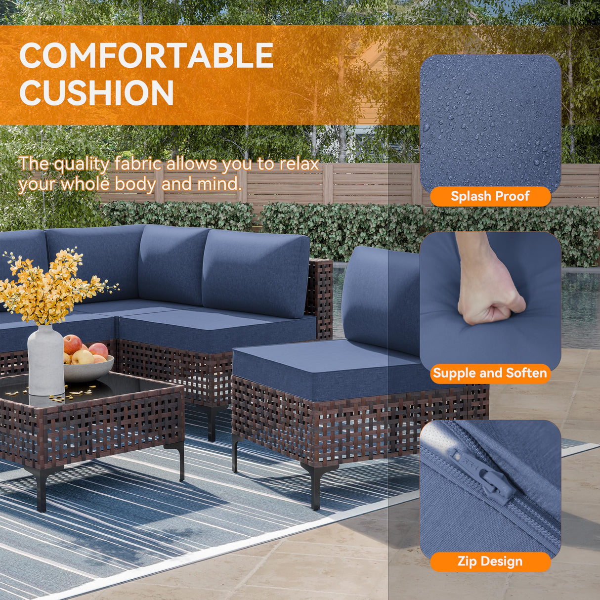 Trumbeak 7 Pieces Patio Furniture Set Wicker Outdoor Sectional Sofa,All Weather Brown PE Rattan Outdoor Conversation Set w/Thick Cushions and Glass Coffee Table,NavyBlue Trumbeak