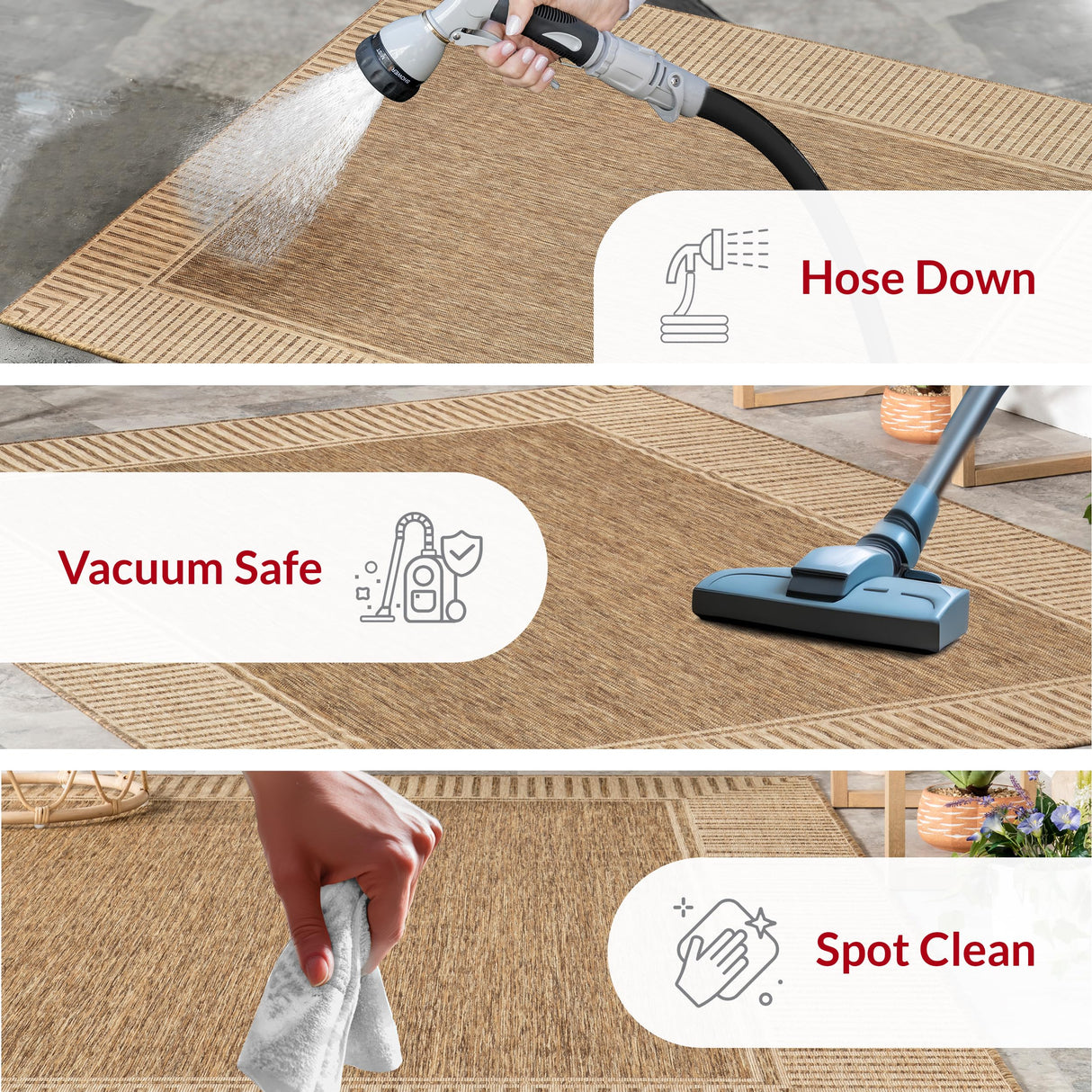 nuLOOM 4' x 6' Outdoor Area Rug, Casual Design With Striped Border, Stain Resistant, Highly Durable, For Patio, Balcony, Bedroom, Living Room, Dining Room, Bathroom, Light Brown nuLOOM