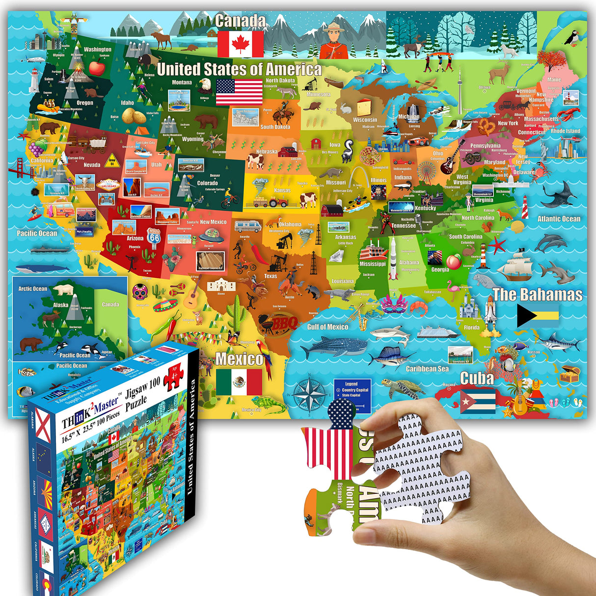 Think2Master Colorful United States Map 100 Pieces Jigsaw Puzzle Fun Educational Toy for Kids, Adults, School & Families. Great Gift for Boys & Girls Ages 4-8 to for Learning USA.23.4” X 16.5” THINK2MASTER