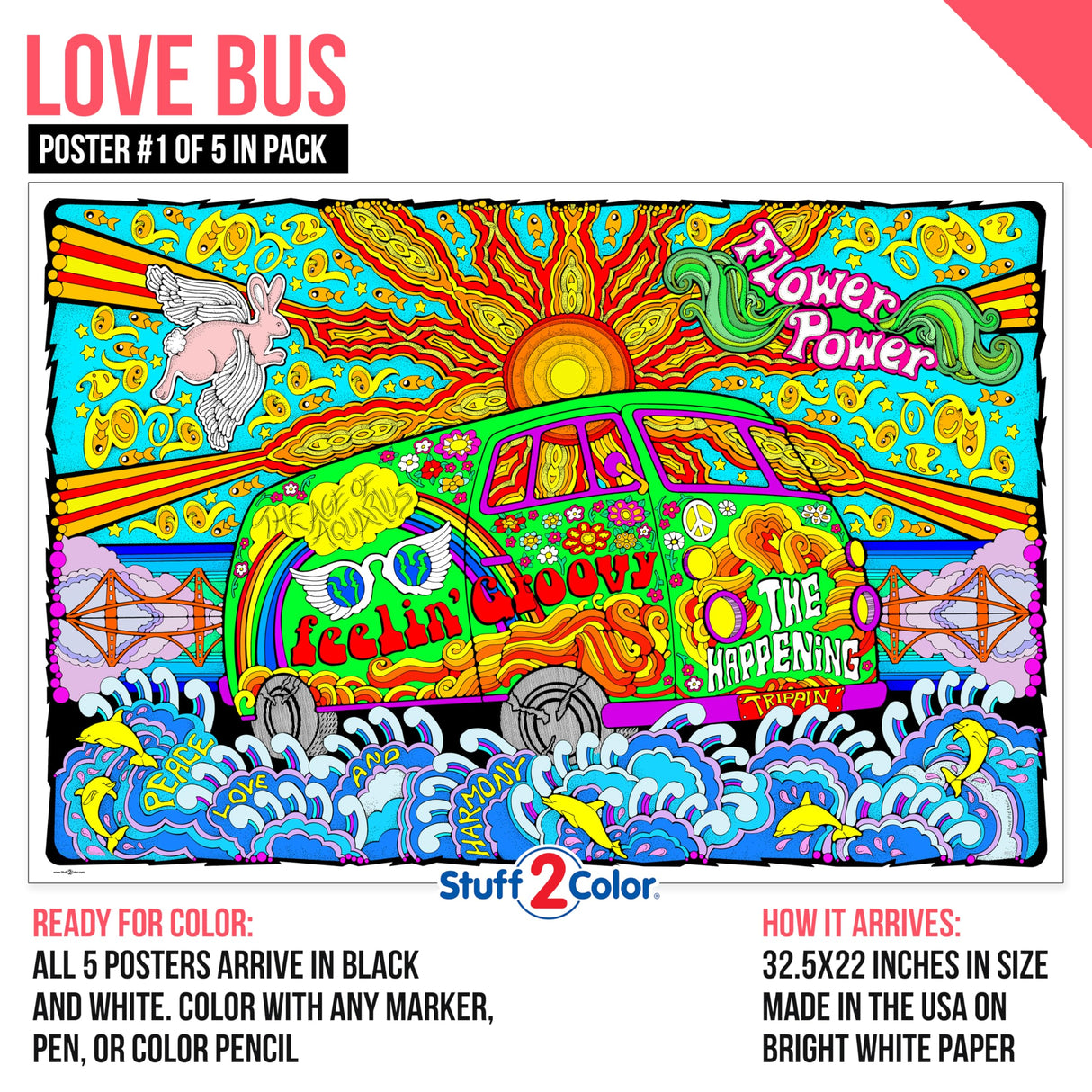 Stuff2Color Giant Coloring Poster 5 Pack - Big 32.5 x 22 Inch Line Art Coloring Posters - Great for Family Time, Kids, Classrooms, Care Facilities, Arts and Crafts Projects, and Group Activities Stuff2Color