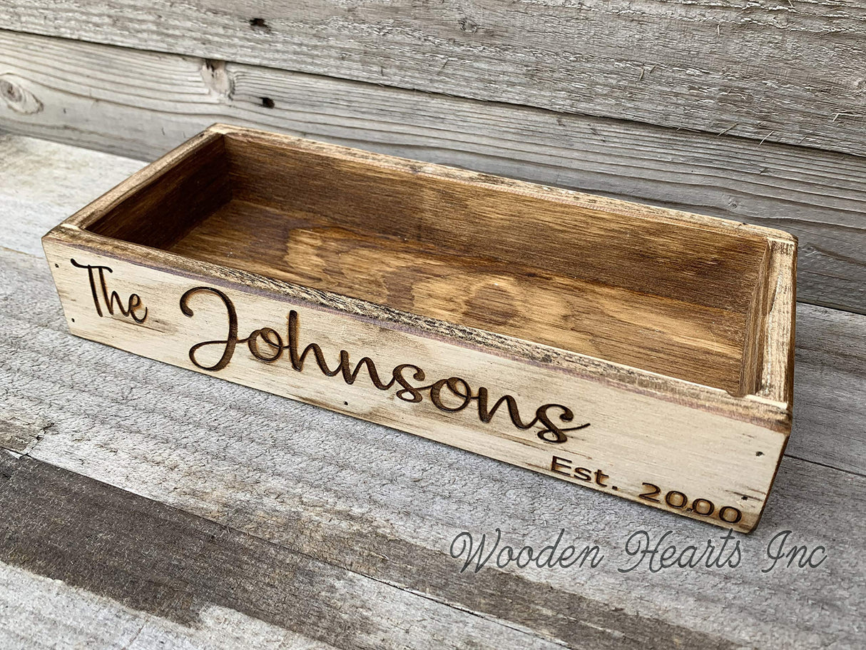 Personalized Name Established Date CUSTOM Tray ENGRAVED Wood Mason Canning Pint Quart JARS & Florals Optional Centerpiece Kitchen Table Decor Distressed Rustic Housewarming Wedding Anniversary Decor Wooden Hearts Inc