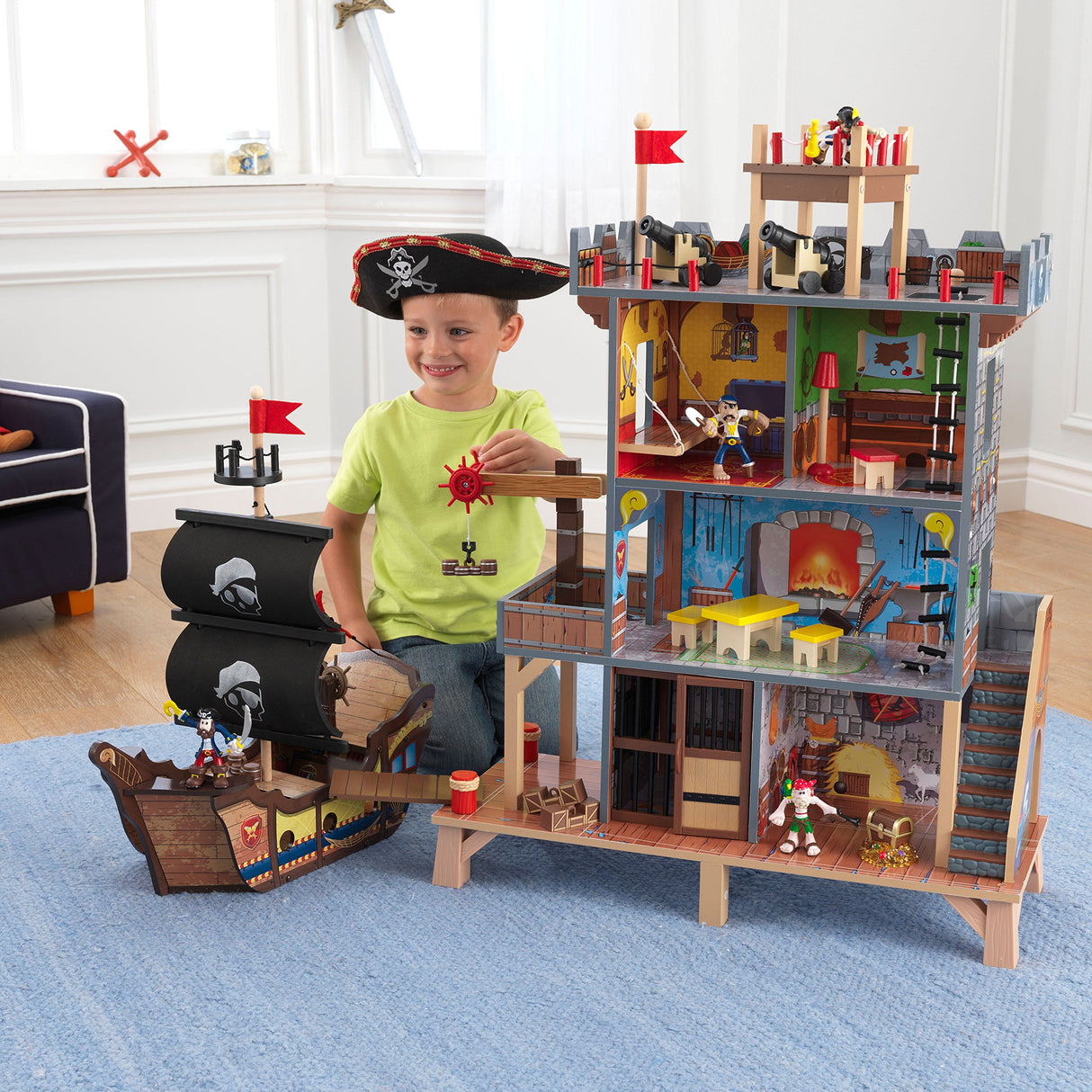 KidKraft Pirate's Cove Wooden Ship Play Set with Lights and Sounds, Pirates and 17-Piece Accessories, Gift for Ages 3+ KidKraft
