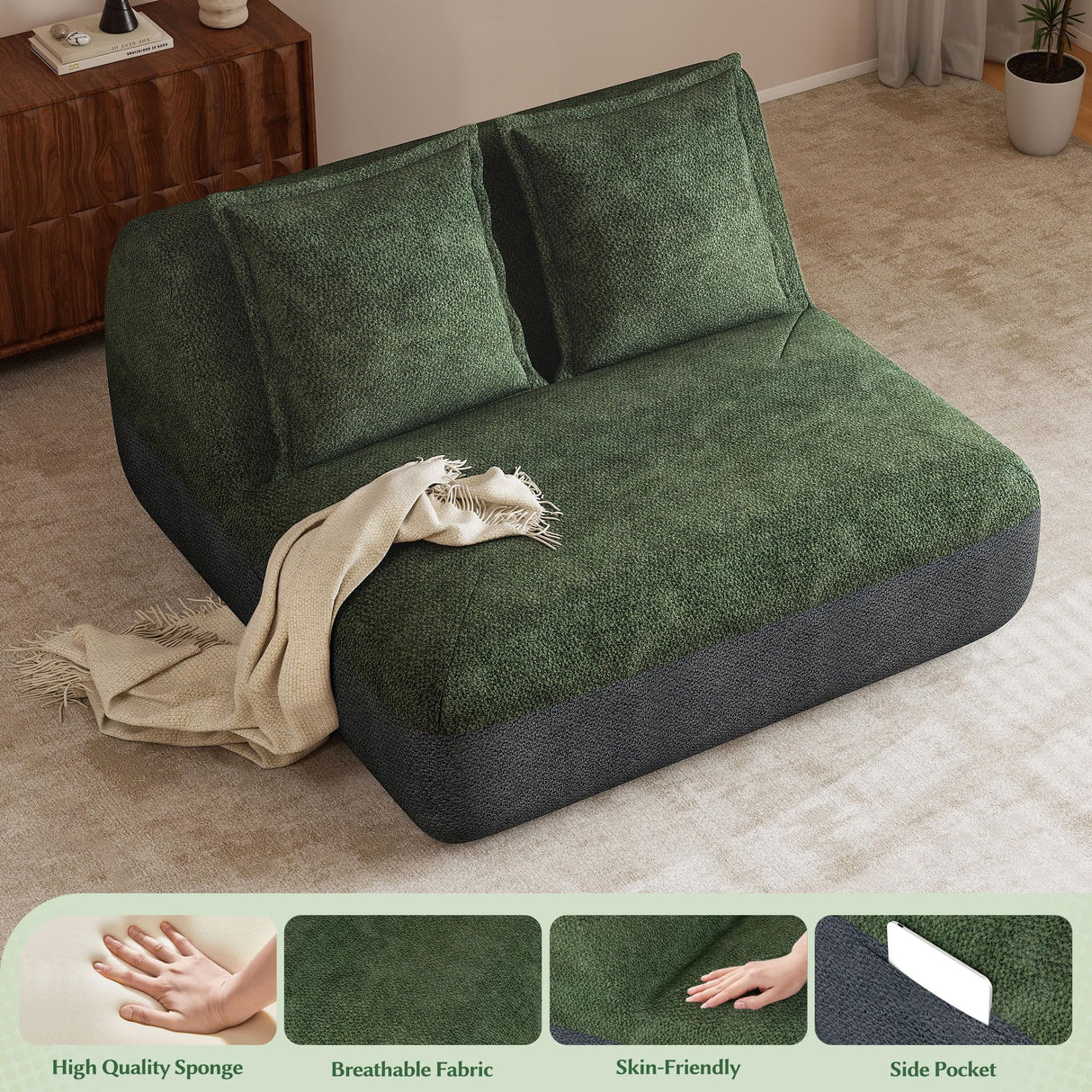 Hobestluk Small Sofa Small Couches for Living Room, Comfy Memory Foam Couch, Mini Sofa with Side Pocket for Living Room, Bedroom (Grey+Green) Hobestluk