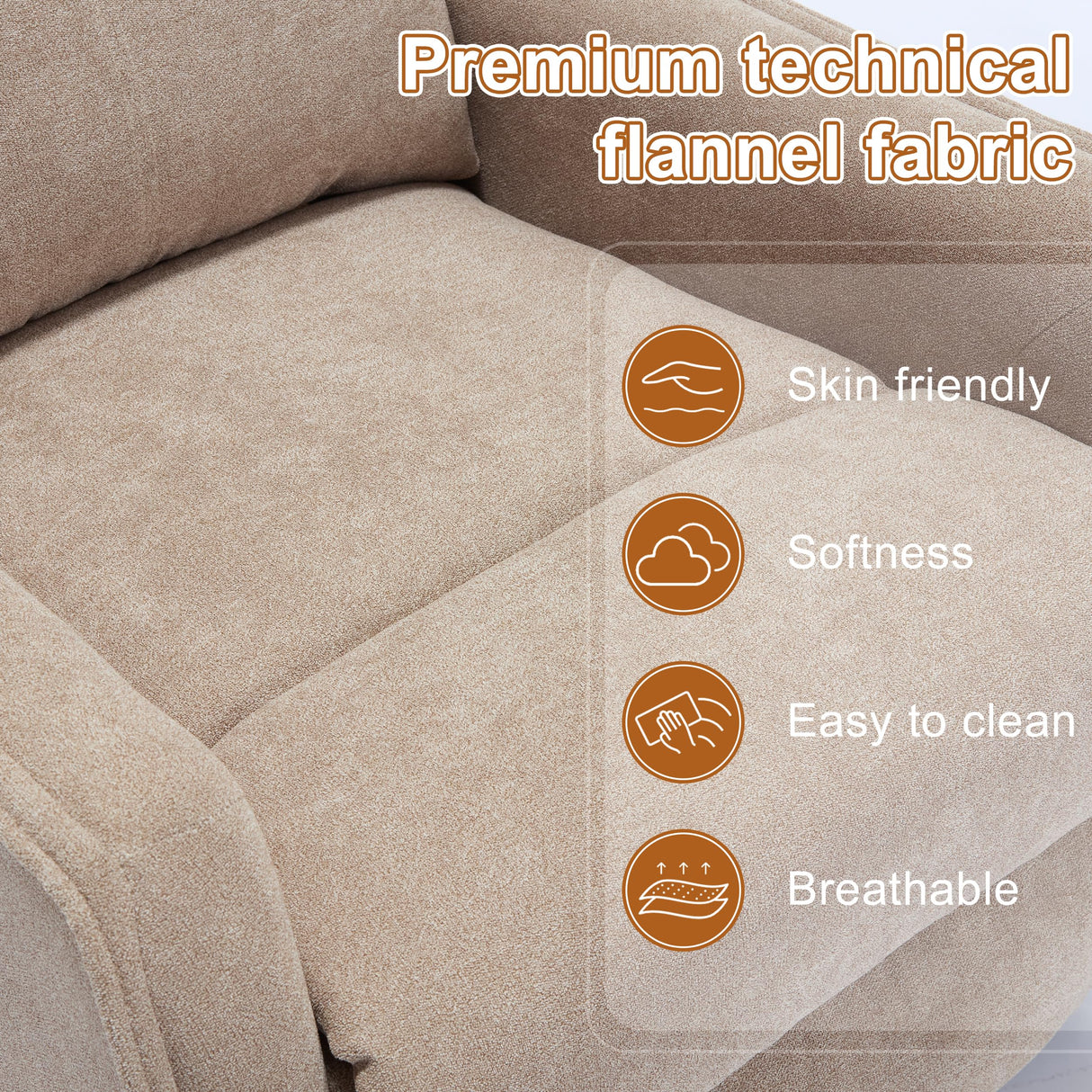 Manual 360° Swivel Rocker Recliner Chair for Adults, Overstuffed Glider Chair for Nursery with Vibration Massage and Heat, Comfy Soft Fabric Glider with Side Pockets for Living Room, Khaki Luxlen