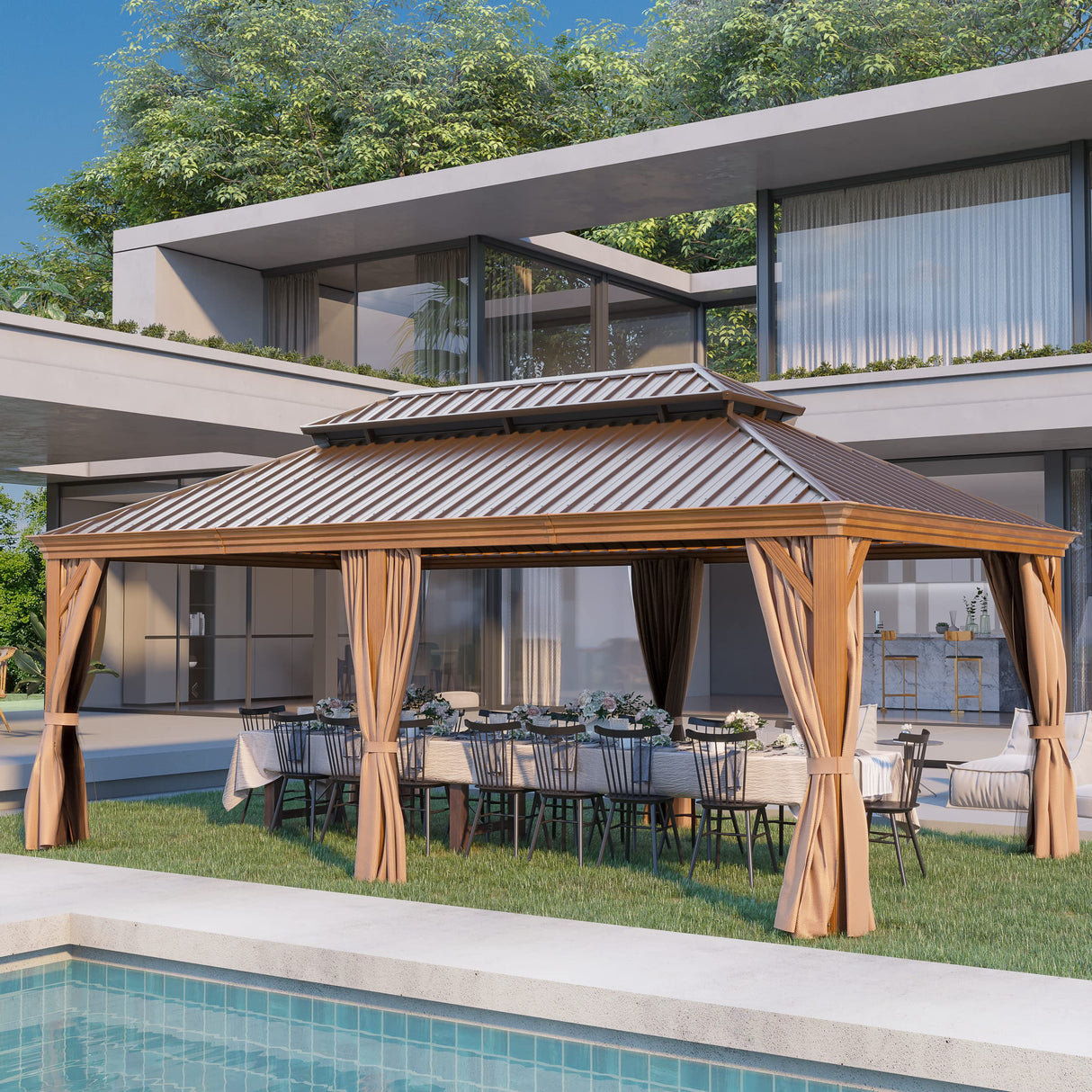 GAZEBEST 12' X 20' Permanent Hardtop Gazebo, Outdoor Galvanized Steel Double Roof Pavilion Pergola Canopy Wood-Looking with Aluminum Frame and Privacy Curtains for Garden,Patio Backyard,Deck and Lawns GAZEBEST
