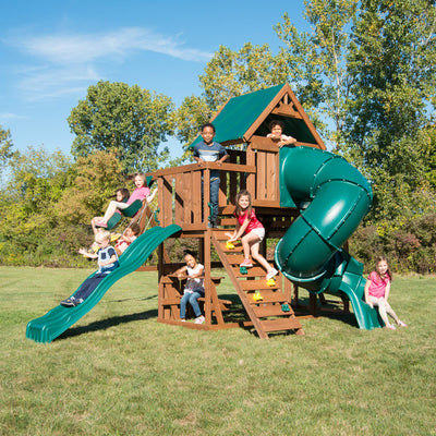 Swing-N-Slide WS 8358 Denali Tower Swing Set with Two Slides, Climbing Wall & Swings, Wood