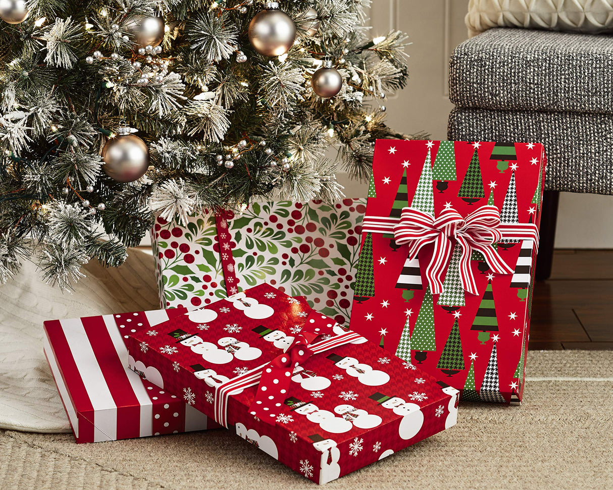 Hallmark Medium Christmas Gift Boxes with Lids (12 Shirt Boxes, 4 Designs: Trees, Stripes, Snowmen, Holly) for Christmas, Holiday Parties, Hostess Gifts Hallmark
