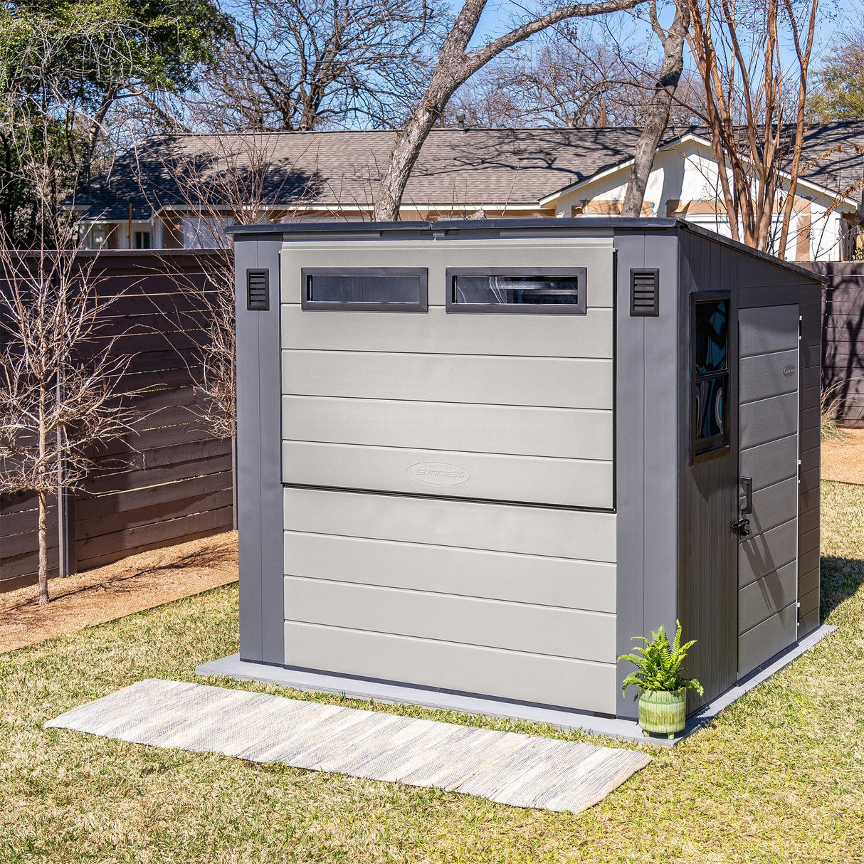 Suncast 8' x 7' Cabana Entertainment Storage Shed, All-Weather Outdoor Backyard Shelter with 2 Windows and Fold-Down Bar Top, Gray Suncast