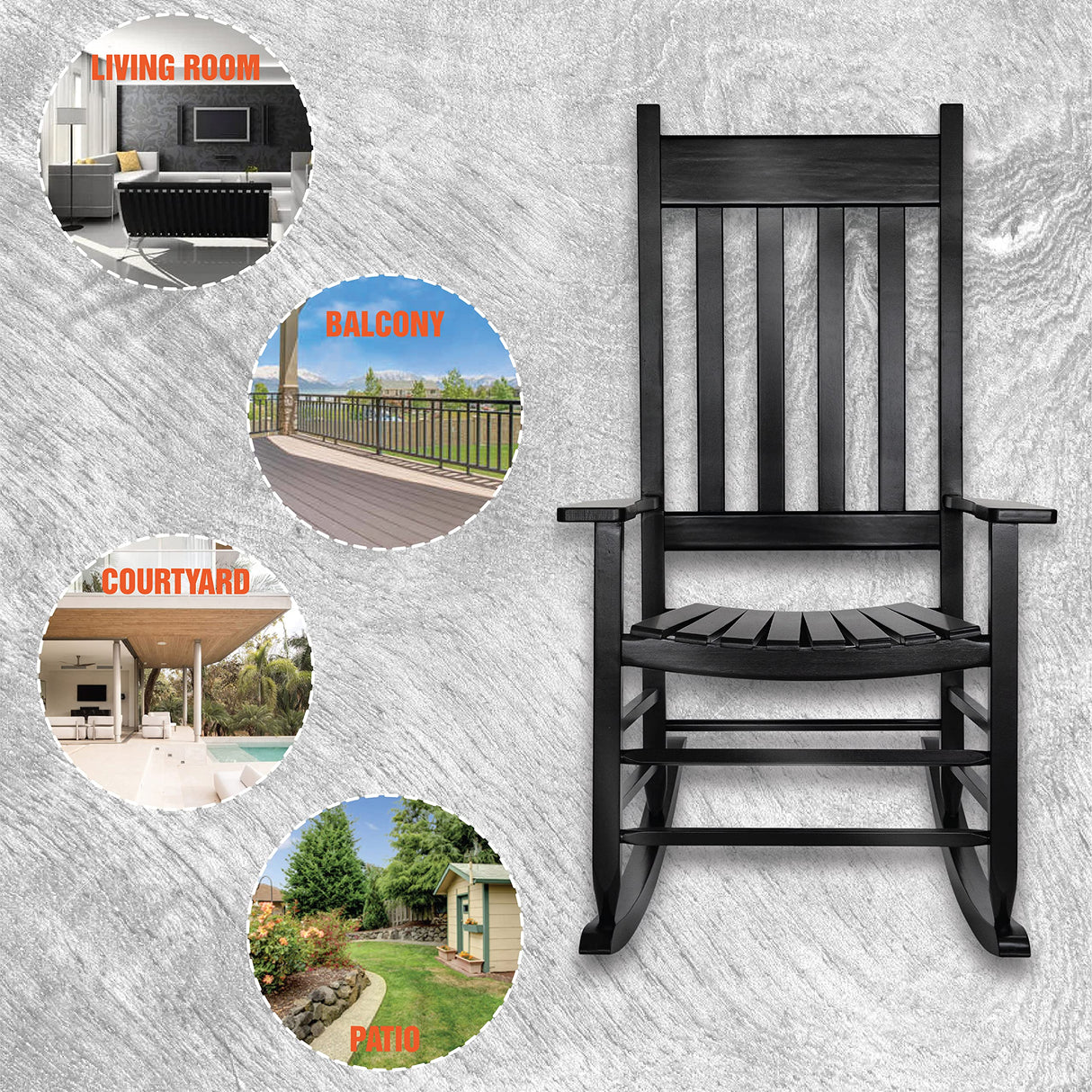HOMESTEAD Wooden Rocking Chair Outdoor Furniture - Acacia Solid Wood Black Rocking Chair Front Porch Furniture - FSC Certified Hardwood Indoor & Outdoor Adirondack Rocking Patio Rocker Porch Chairs HOMESTEAD
