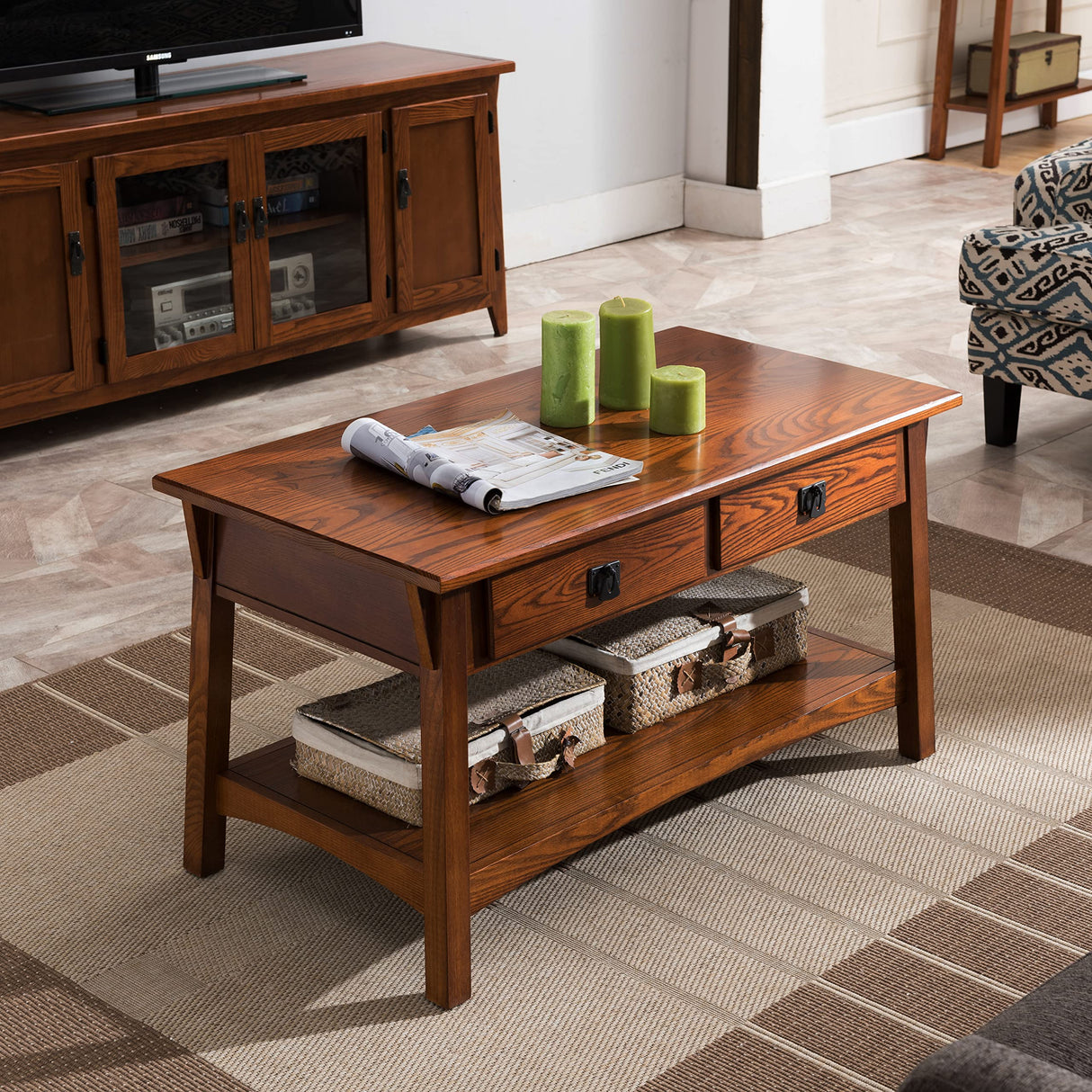 Leick Home 10055-RS Mission Coffee Table for Living Room, Two Drawers and Shelf, Made with Solid Wood, Russet Finish Leick Home