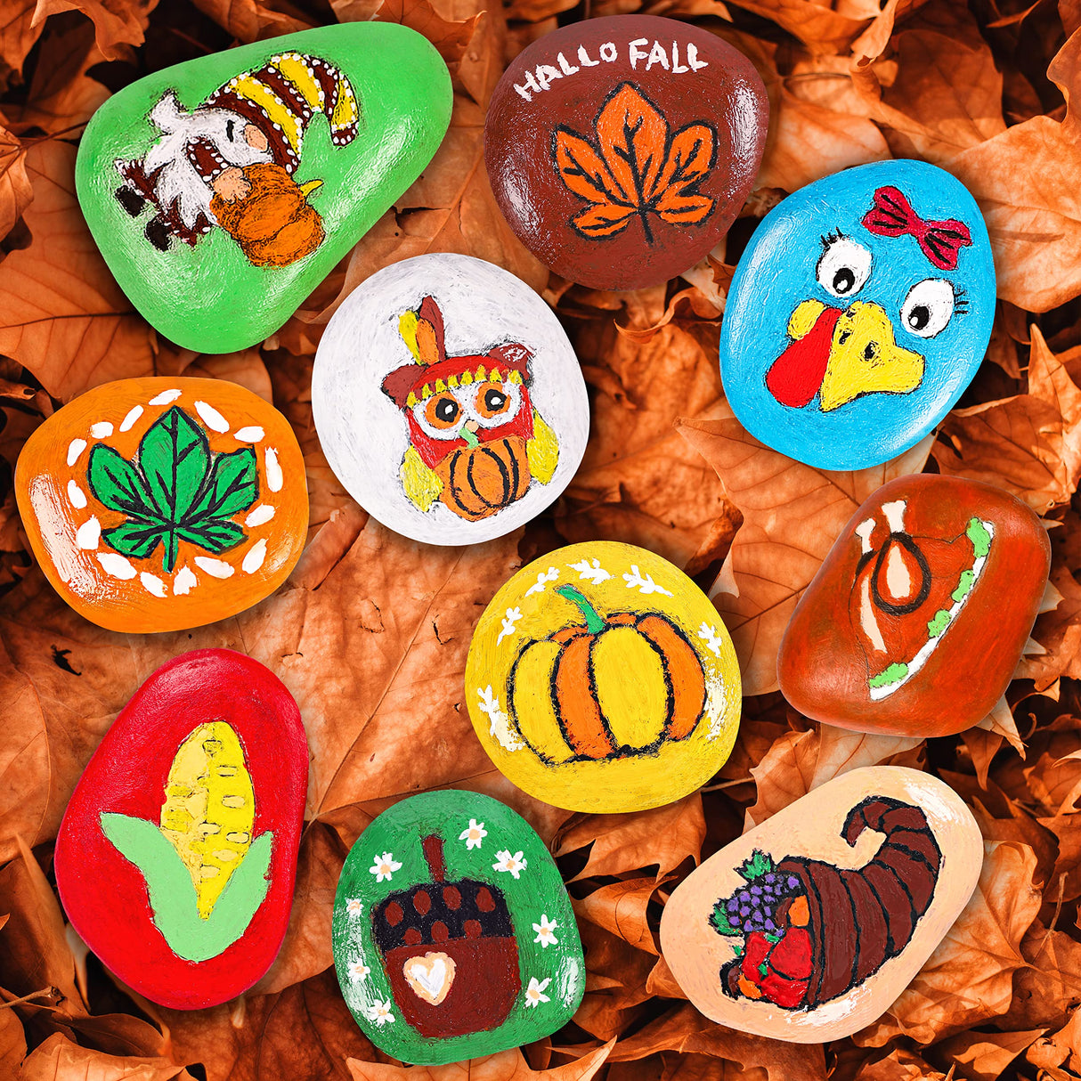 80UncleKimby Fall Thanksgiving Rock Painting Kit: Arts and Crafts for Kids - Include DIY Stones, Water Paint, Tattoos, Gifts Toys Party Favors Classroom Activities for Girls Boys Ages 8-12 80UncleKimby