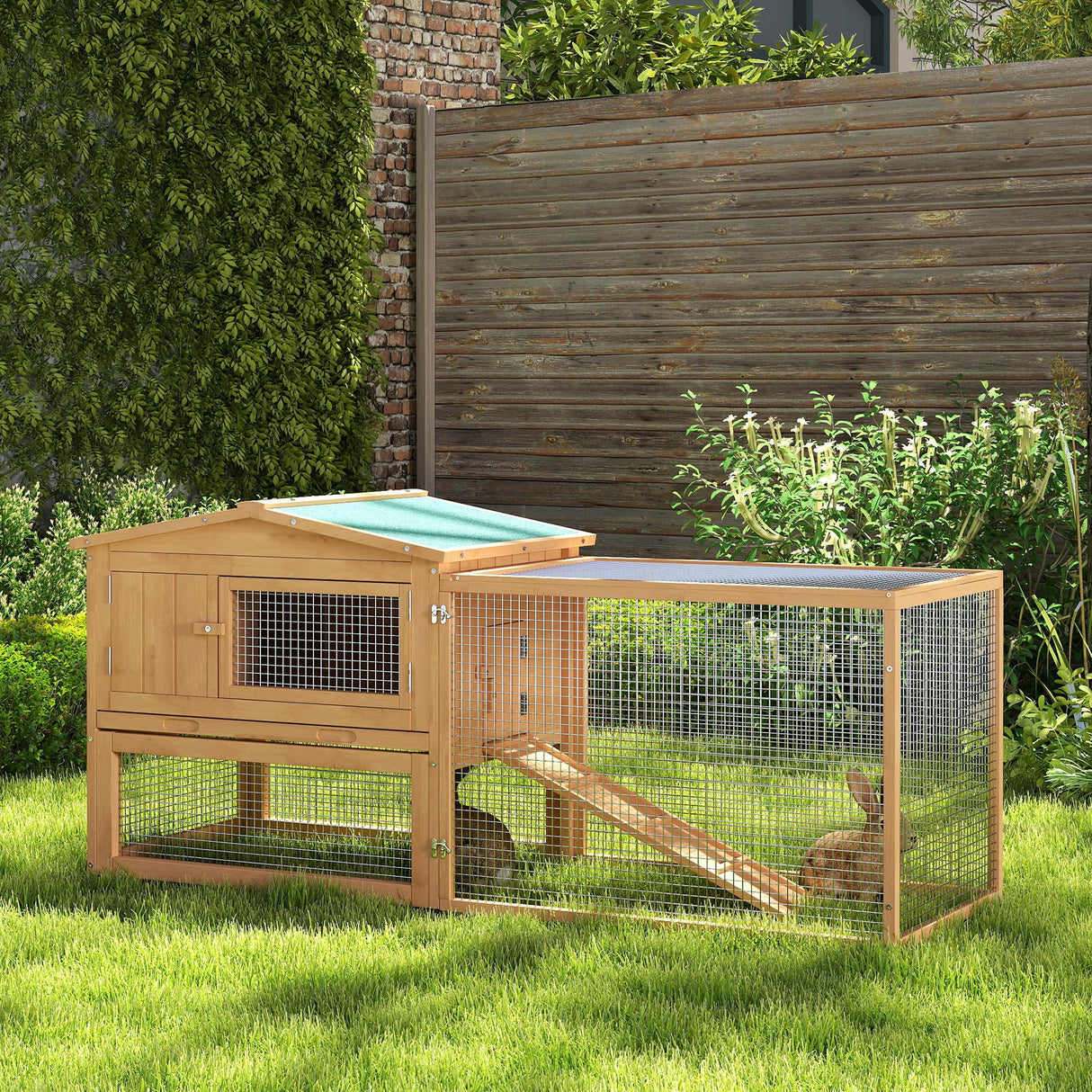 PawHut Rabbit Hutch 2-Story Bunny Cage, Guinea Pig Cage, Small Animal House with Slide Out Tray, for Indoor Outdoor, 61.5" x 23" x 27", Natural PawHut