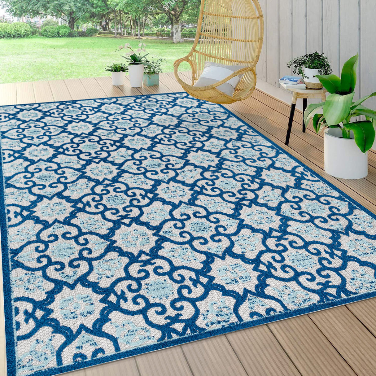 JONATHAN Y Tile Trellis Indoor Outdoor Area Rug 3X5 Light Gray/Blue, Gallia High-Low for Backyard, Patio, Porch, Easy-Cleaning, High Traffic, Pet-Friendly, Non-Shedding (AMC107B-3) JONATHAN Y