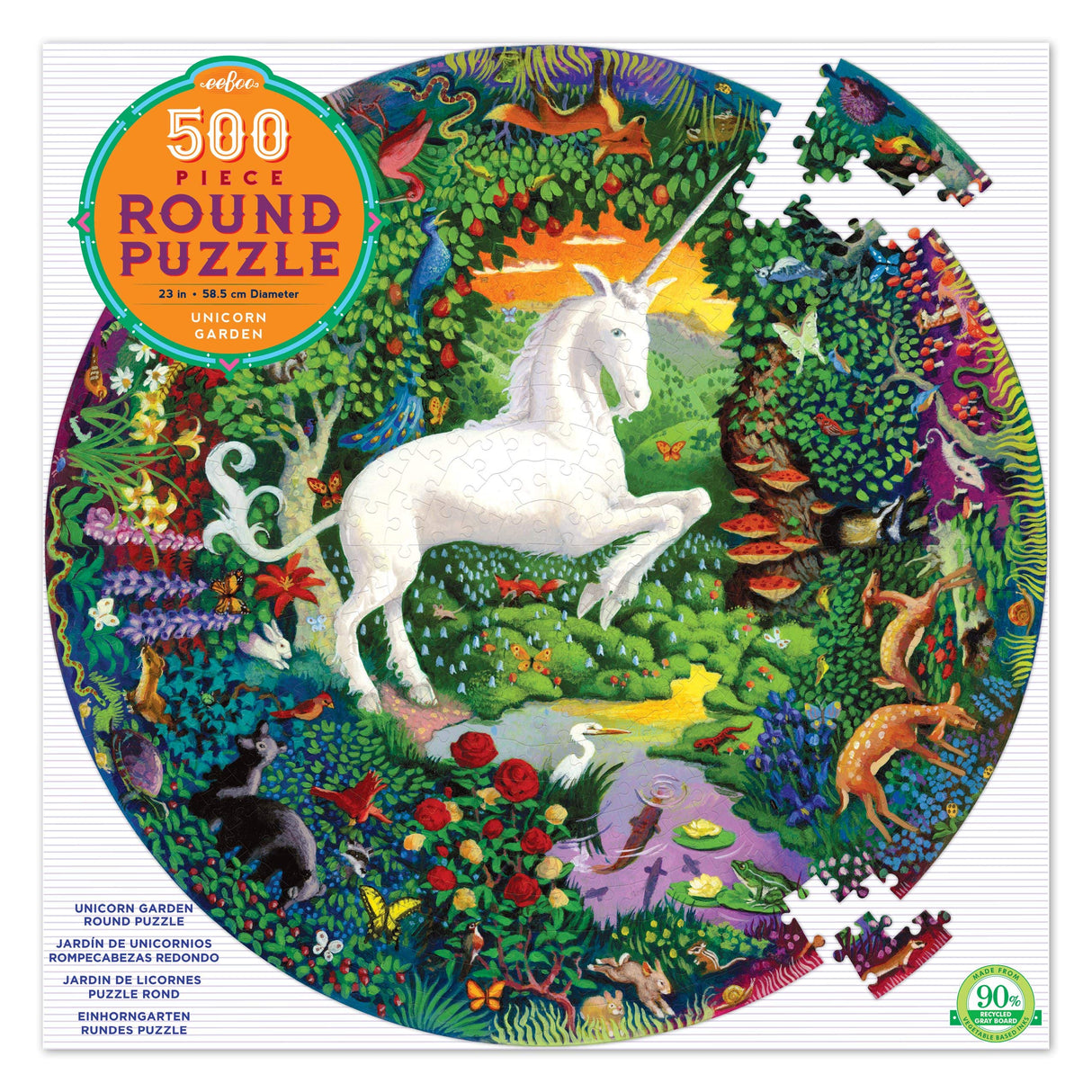 eeBoo's Piece and Love Unicorn Garden 500 Piece Round Circle Jigsaw Puzzle eeBoo