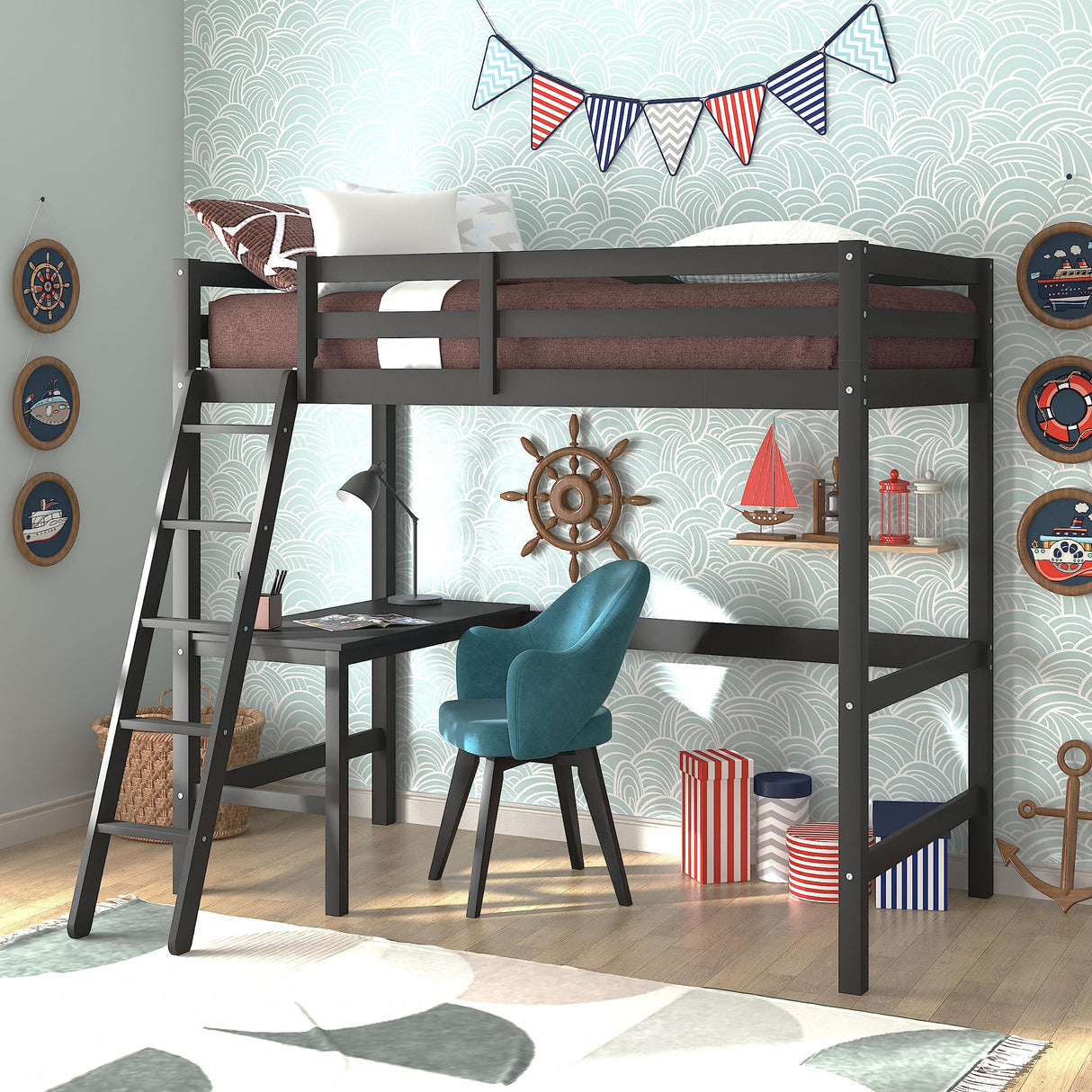 Hillsdale Caspian Black Solid Wood Twin Loft Bed with Built-In Desk for Kids Hillsdale